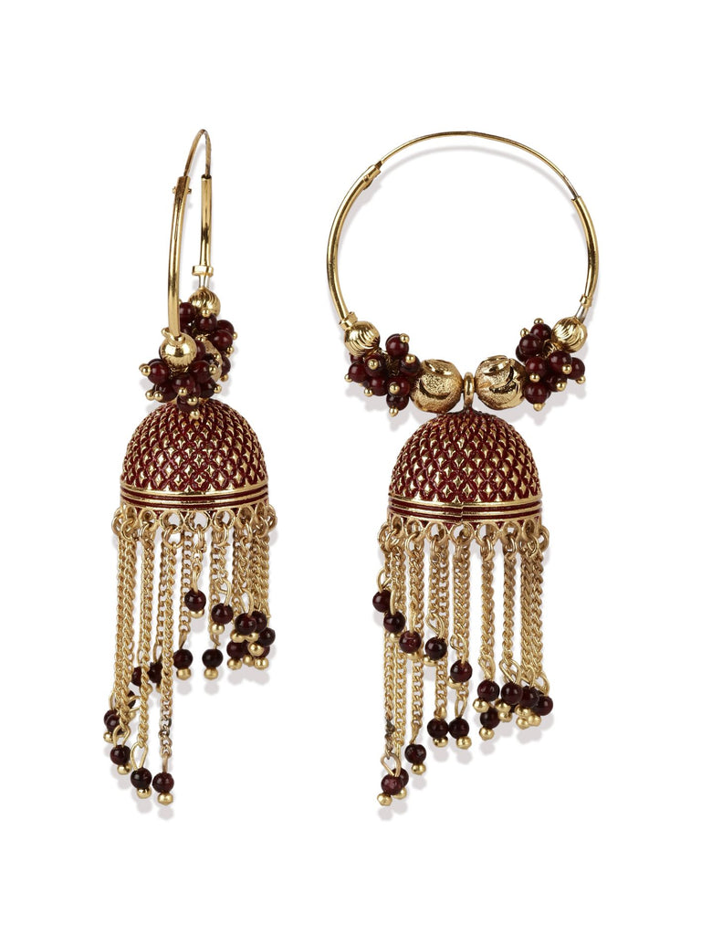 Women's Maroon & Gold-Plated Enamelled Dome Shaped Jhumkas
