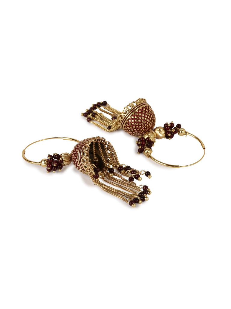 Women's Maroon & Gold-Plated Enamelled Dome Shaped Jhumkas
