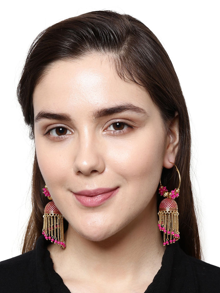 Women's Pink & Gold-Plated Enamelled Dome Shaped Jhumkas