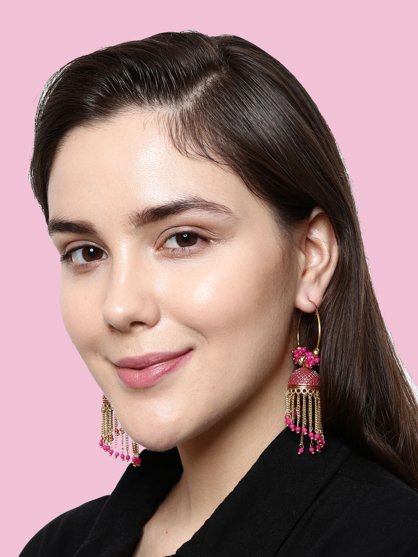 Women's Pink & Gold-Plated Enamelled Dome Shaped Jhumkas - Anikas Creation