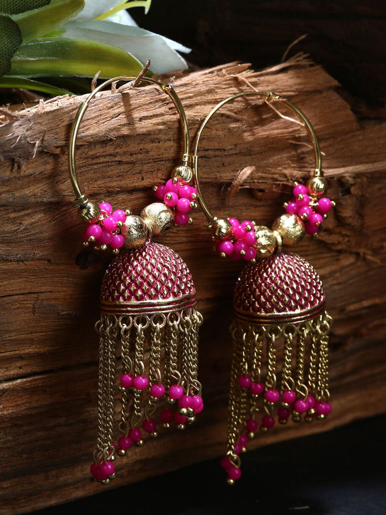 Women's Pink & Gold-Plated Enamelled Dome Shaped Jhumkas