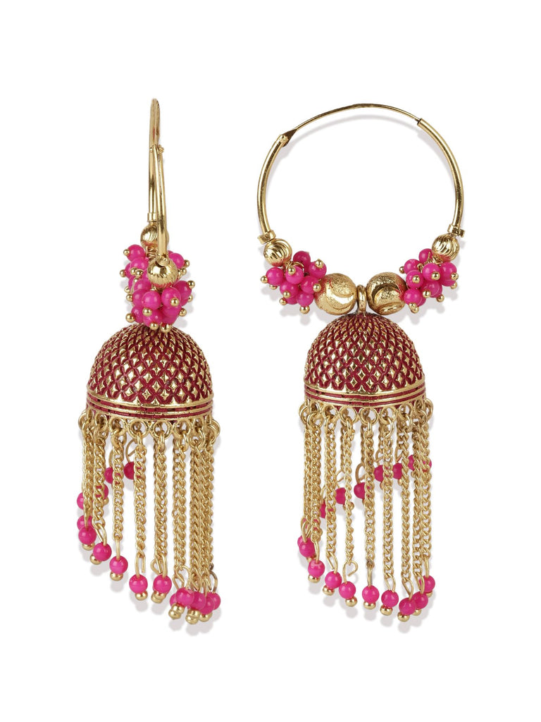 Women's Pink & Gold-Plated Enamelled Dome Shaped Jhumkas
