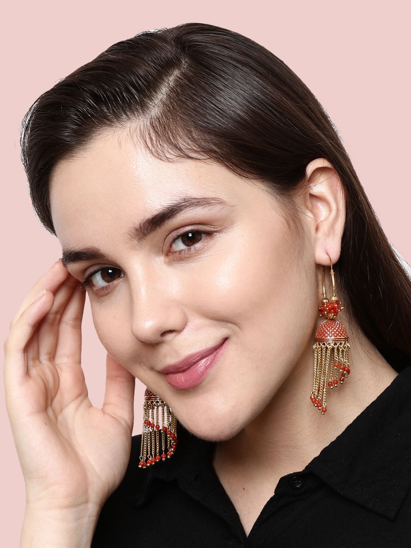 Women's Red & Gold-Plated Enamelled Dome Shaped Jhumkas