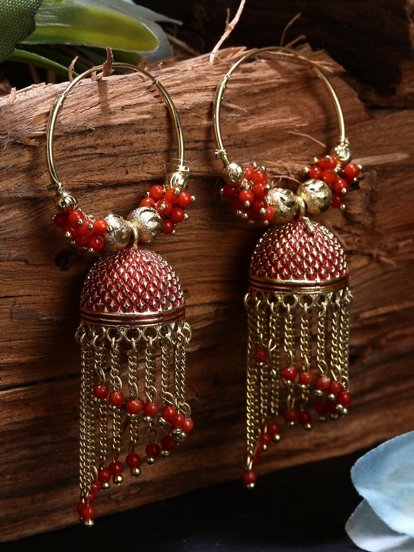 Women's Red & Gold-Plated Enamelled Dome Shaped Jhumkas