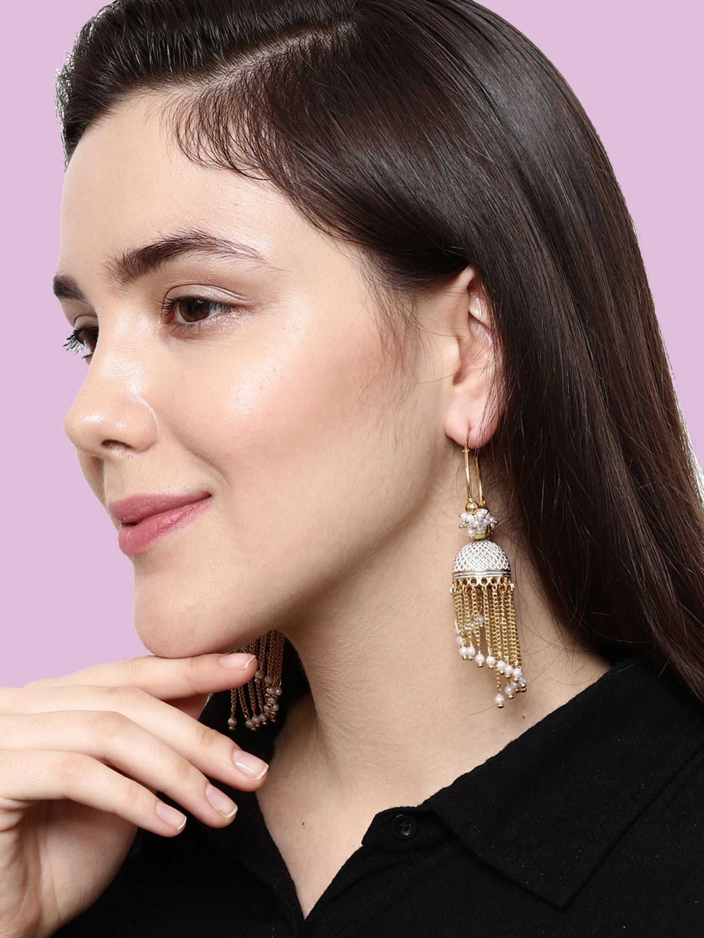 Women's White & Gold-Plated Enamelled Dome Shaped Jhumkas