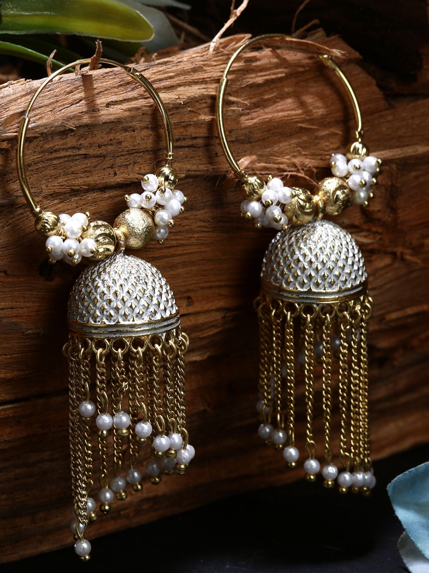 Women's White & Gold-Plated Enamelled Dome Shaped Jhumkas