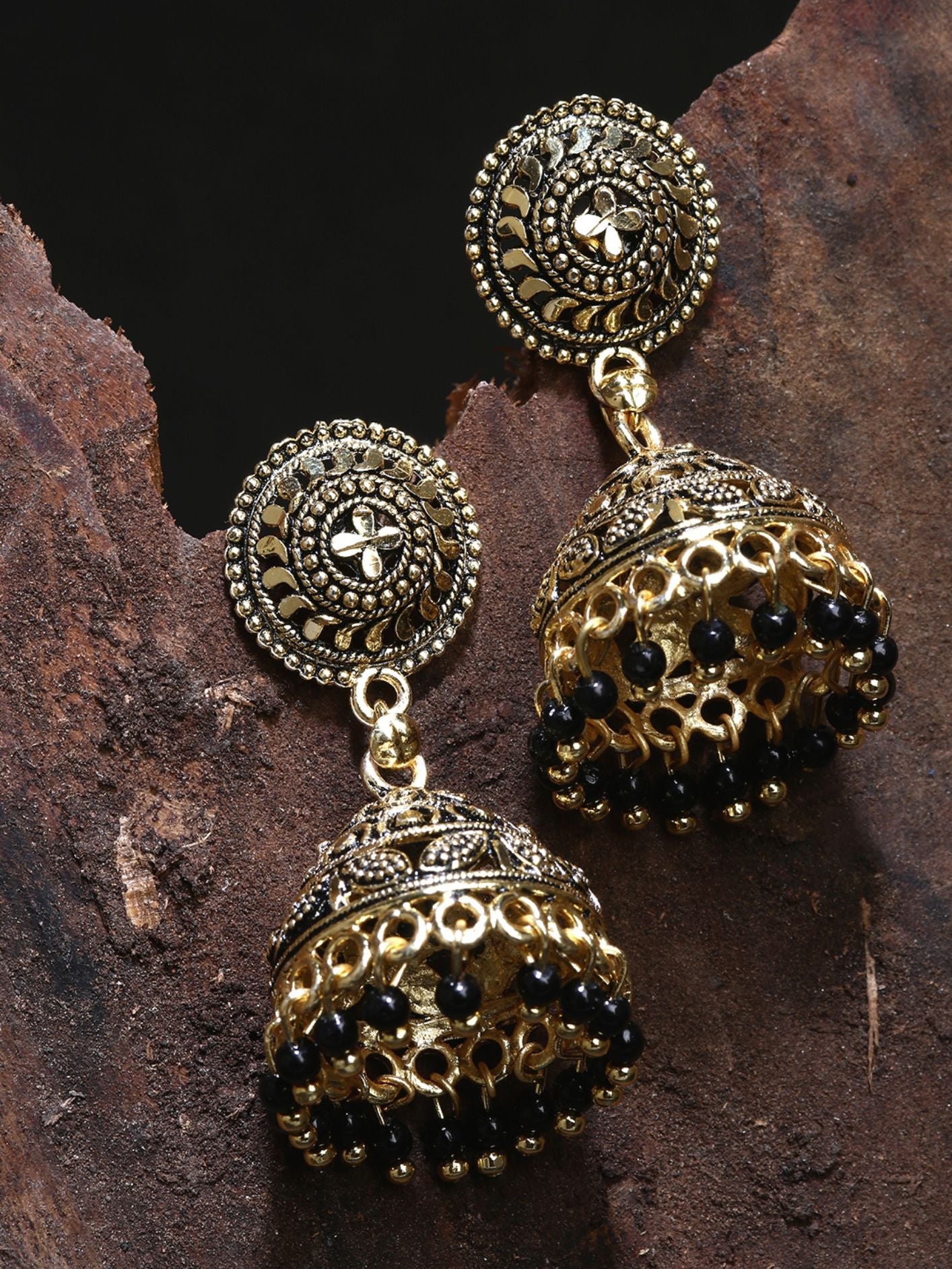 Women's Black & Gold-Plated Enamelled Dome Shaped Jhumkas