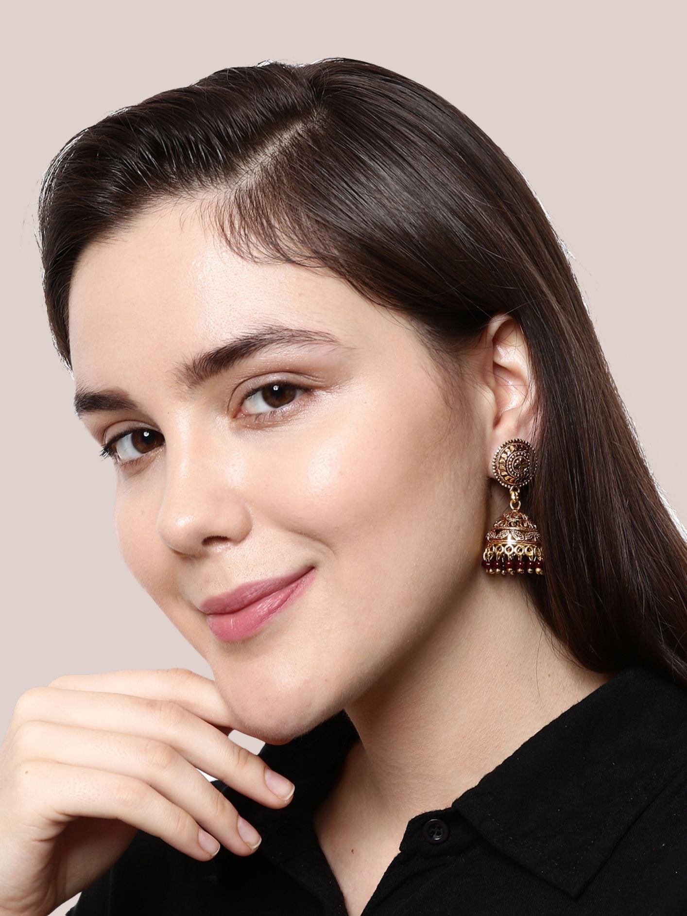 Women's Maroon & Gold-Plated Enamelled Dome Shaped Jhumkas