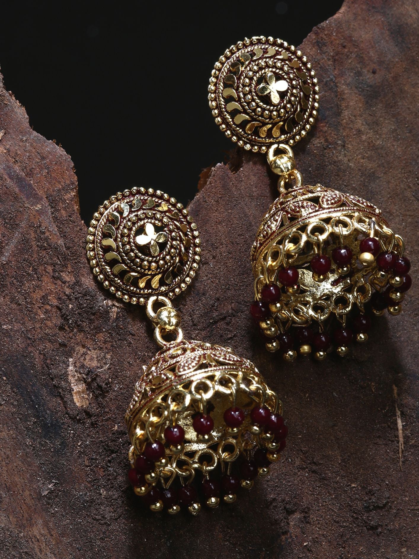 Women's Maroon & Gold-Plated Enamelled Dome Shaped Jhumkas - Anikas Creation