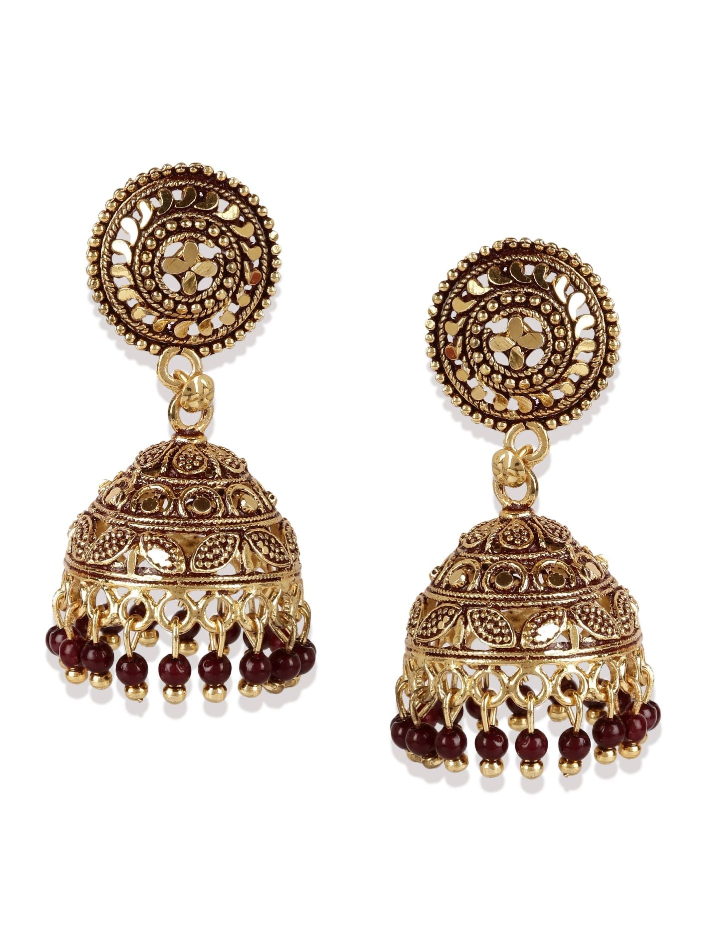 Women's Maroon & Gold-Plated Enamelled Dome Shaped Jhumkas