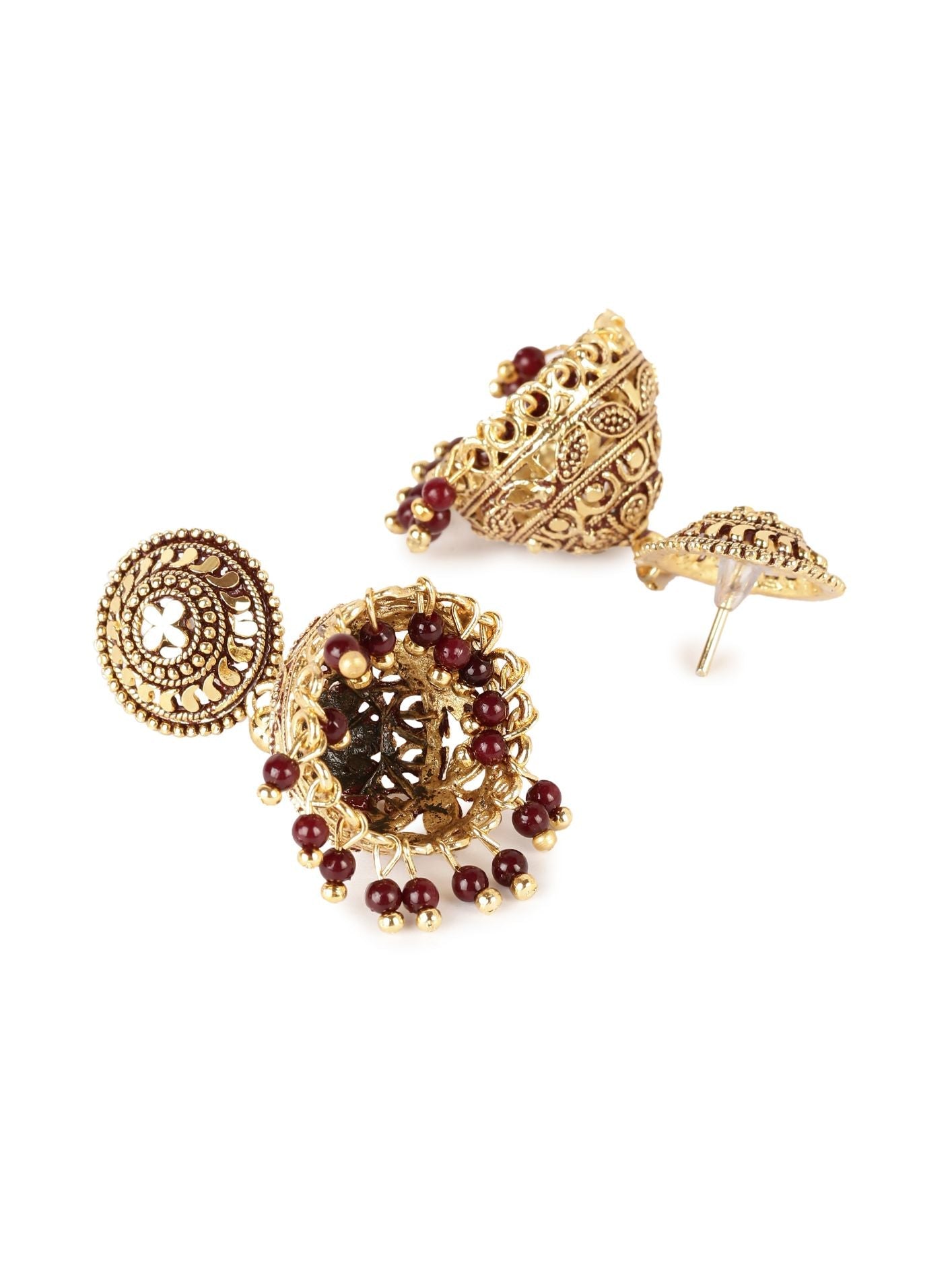 Women's Maroon & Gold-Plated Enamelled Dome Shaped Jhumkas