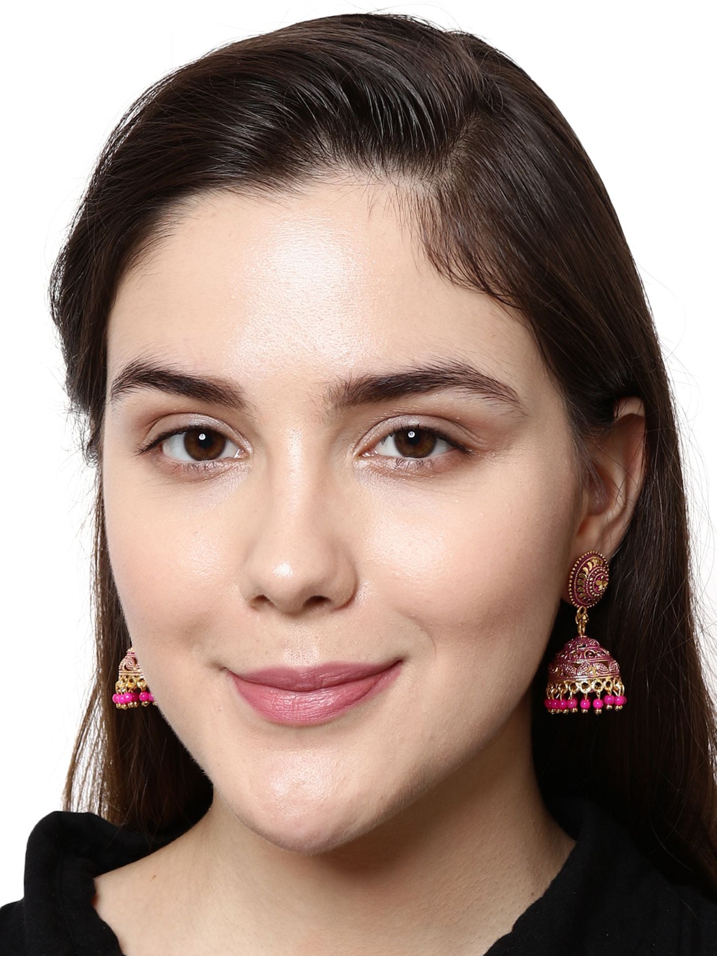 Women's Pink & Gold-Plated Enamelled Dome Shaped Jhumkas