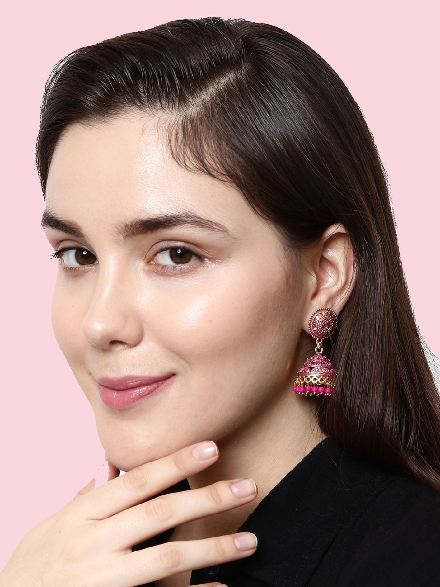 Women's Pink & Gold-Plated Enamelled Dome Shaped Jhumkas