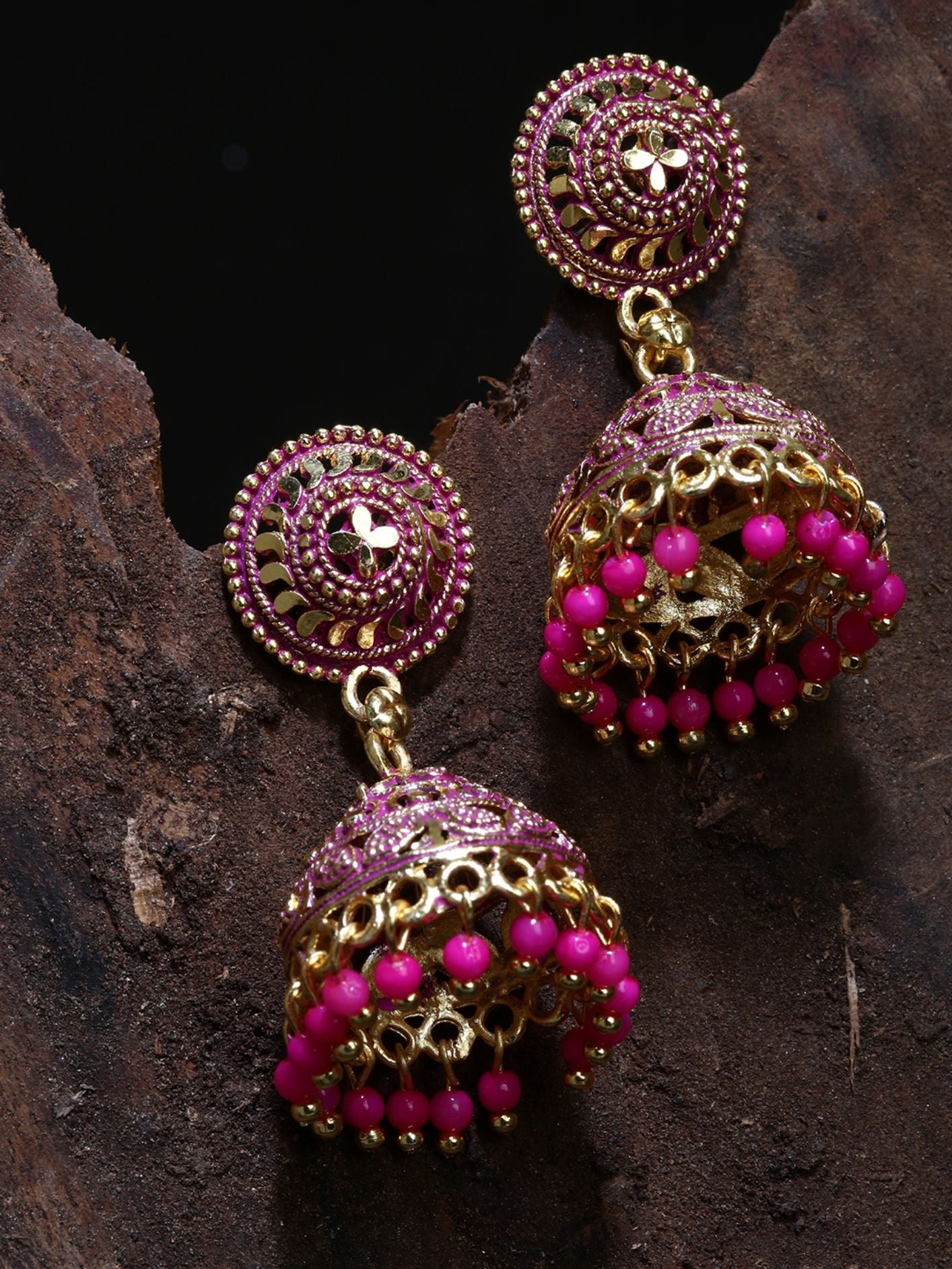 Women's Pink & Gold-Plated Enamelled Dome Shaped Jhumkas