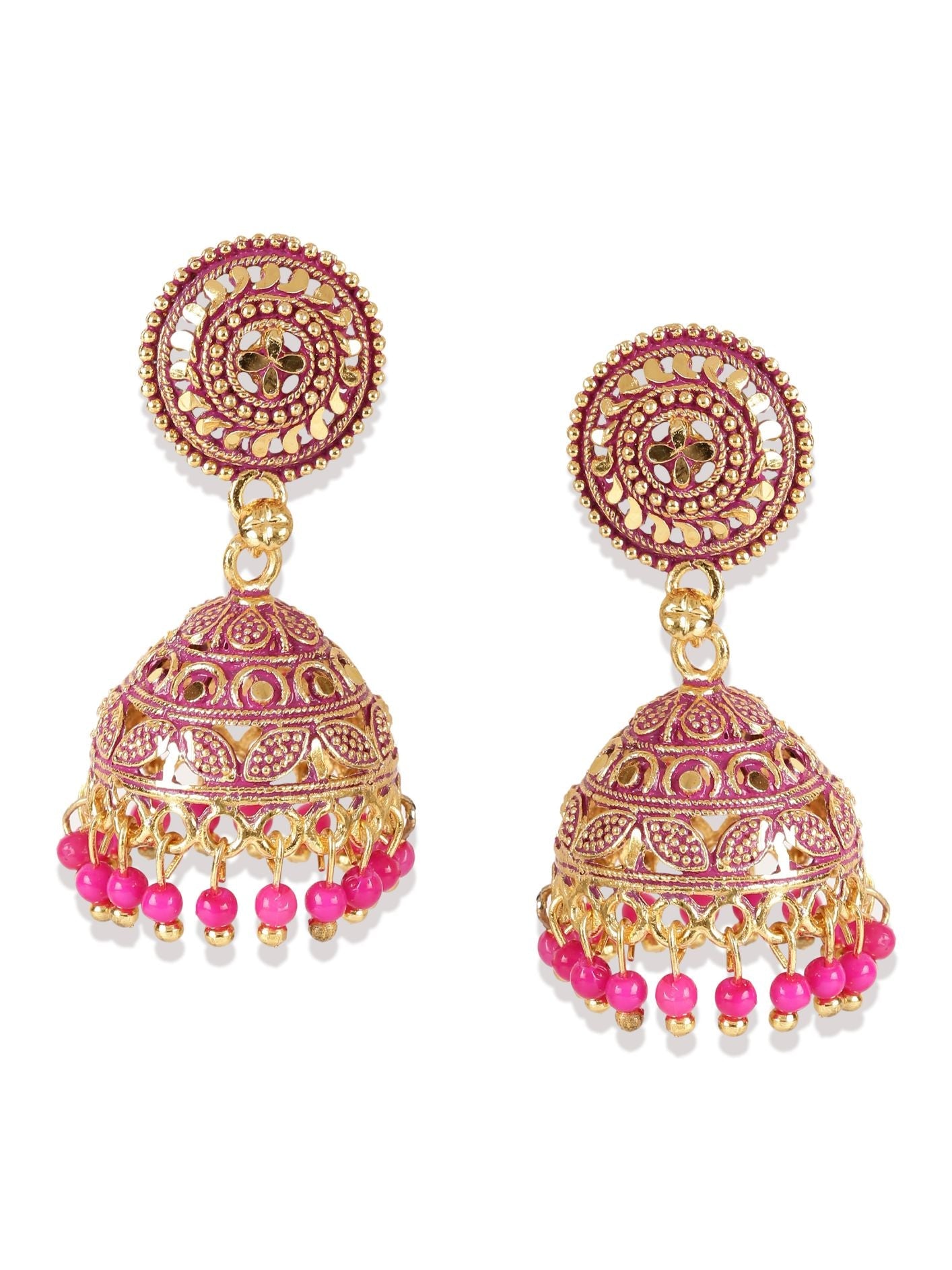 Women's Pink & Gold-Plated Enamelled Dome Shaped Jhumkas