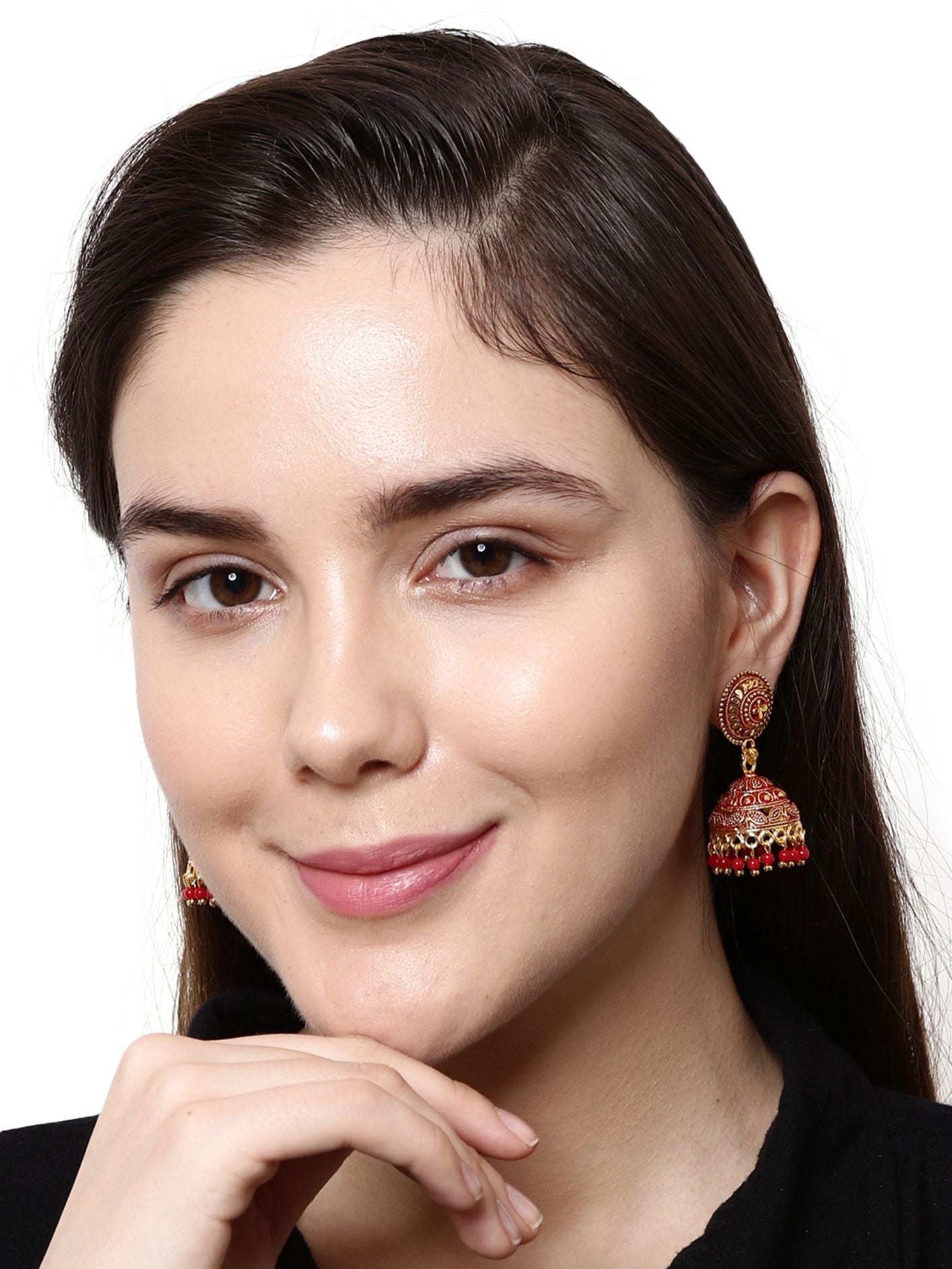 Women's Red & Gold-Plated Enamelled Dome Shaped Jhumkas