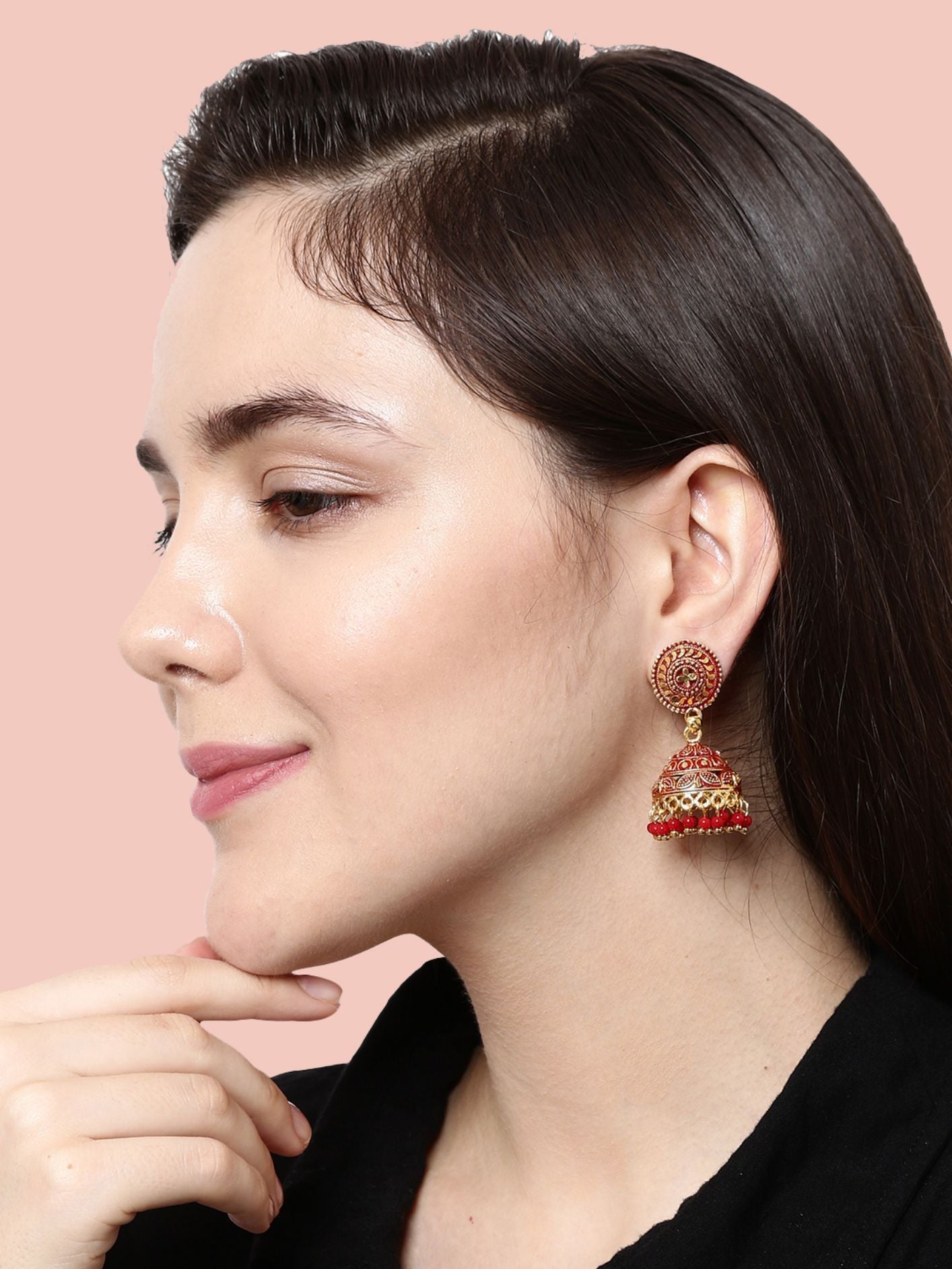 Women's Red & Gold-Plated Enamelled Dome Shaped Jhumkas