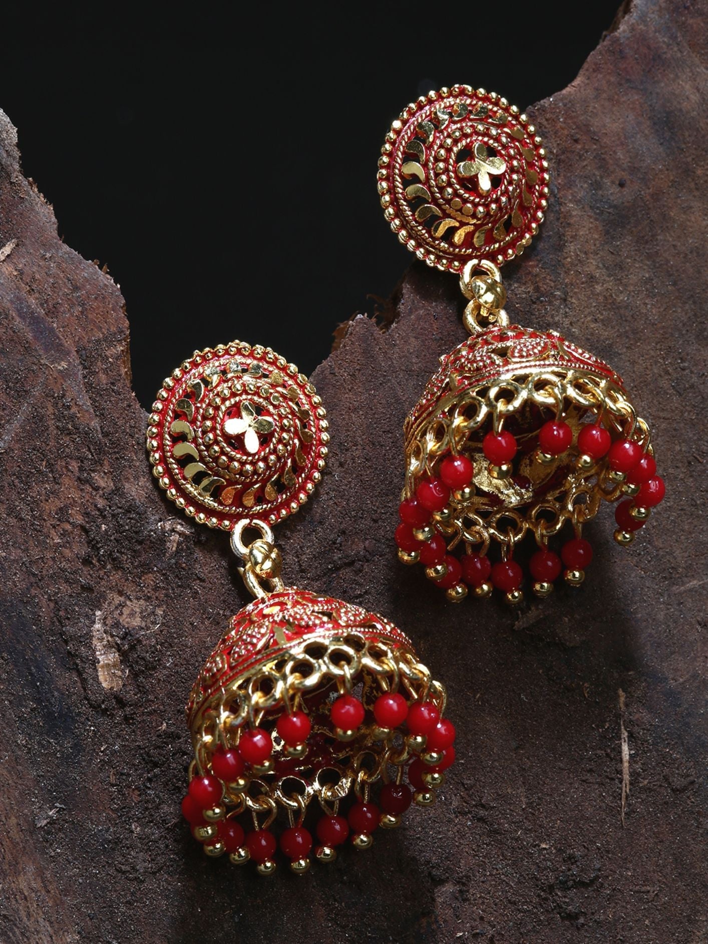 Women's Red & Gold-Plated Enamelled Dome Shaped Jhumkas