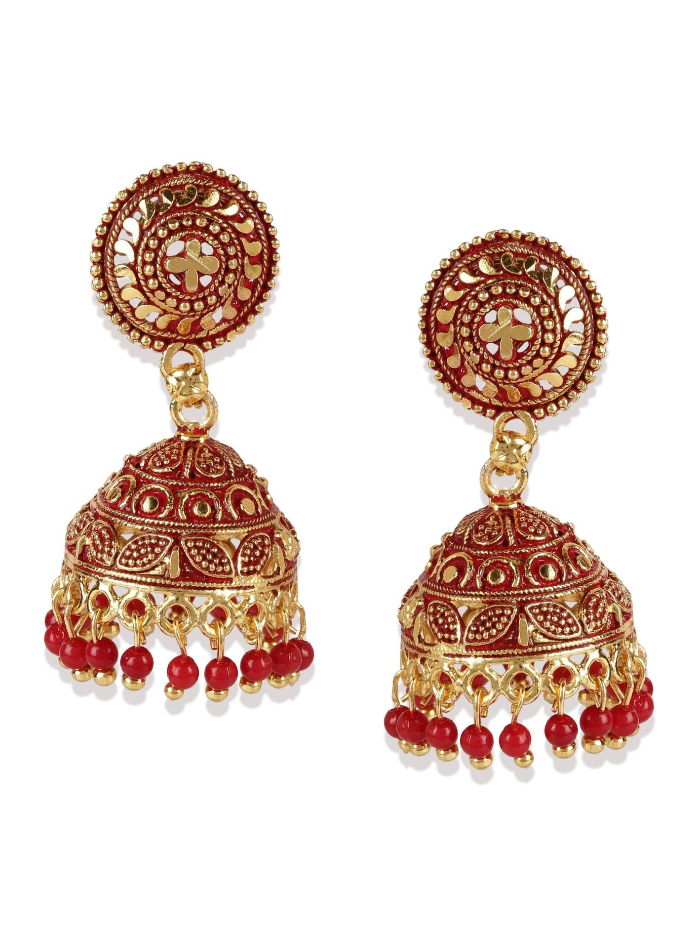 Women's Red & Gold-Plated Enamelled Dome Shaped Jhumkas