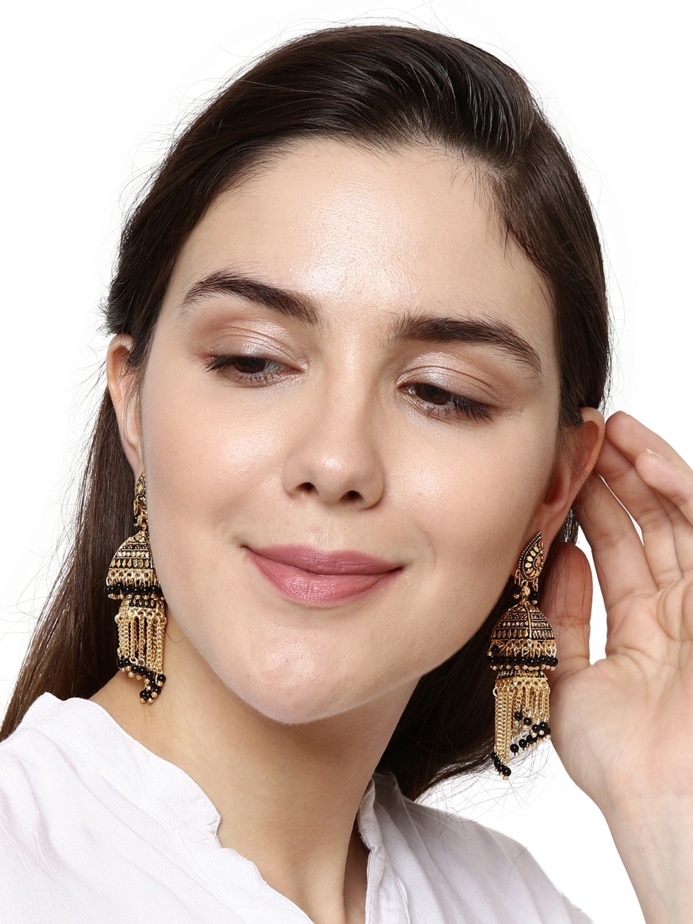 Women's Black & Gold-Plated Enamelled Dome Shaped Jhumkas