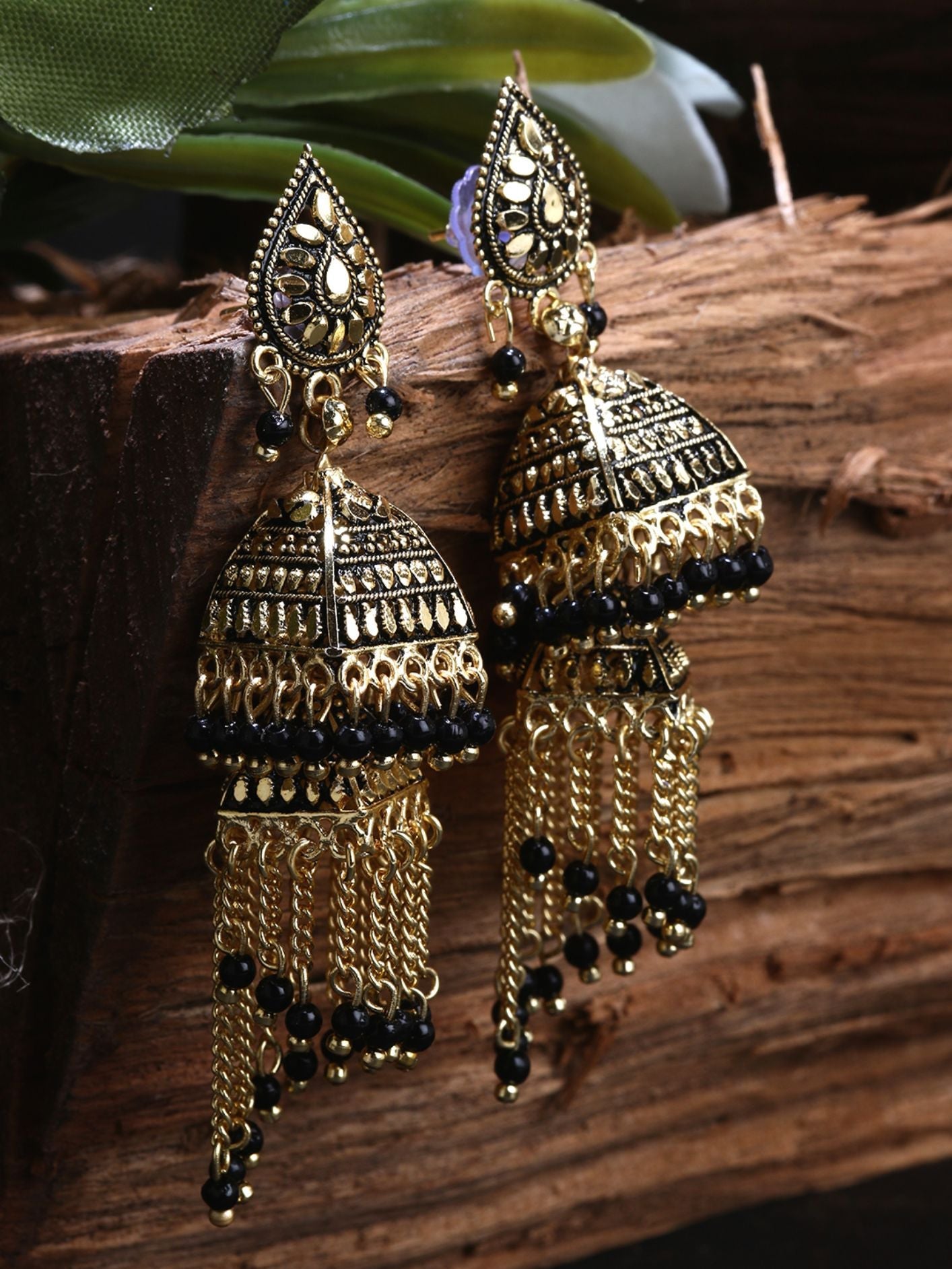 Women's Black & Gold-Plated Enamelled Dome Shaped Jhumkas