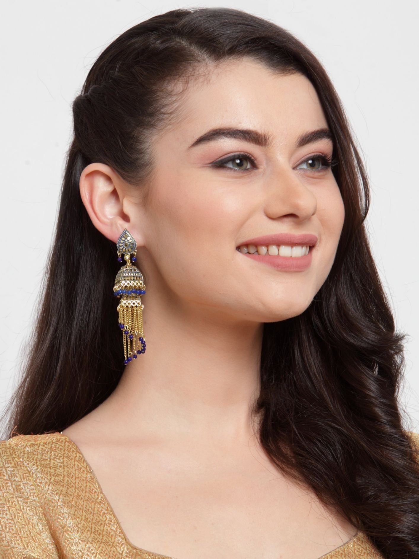 Women's Gold-Plated Enamelled 2 Floor Tasselled With Chain Strings Jhumki / Jhumka-Onesize-Blue