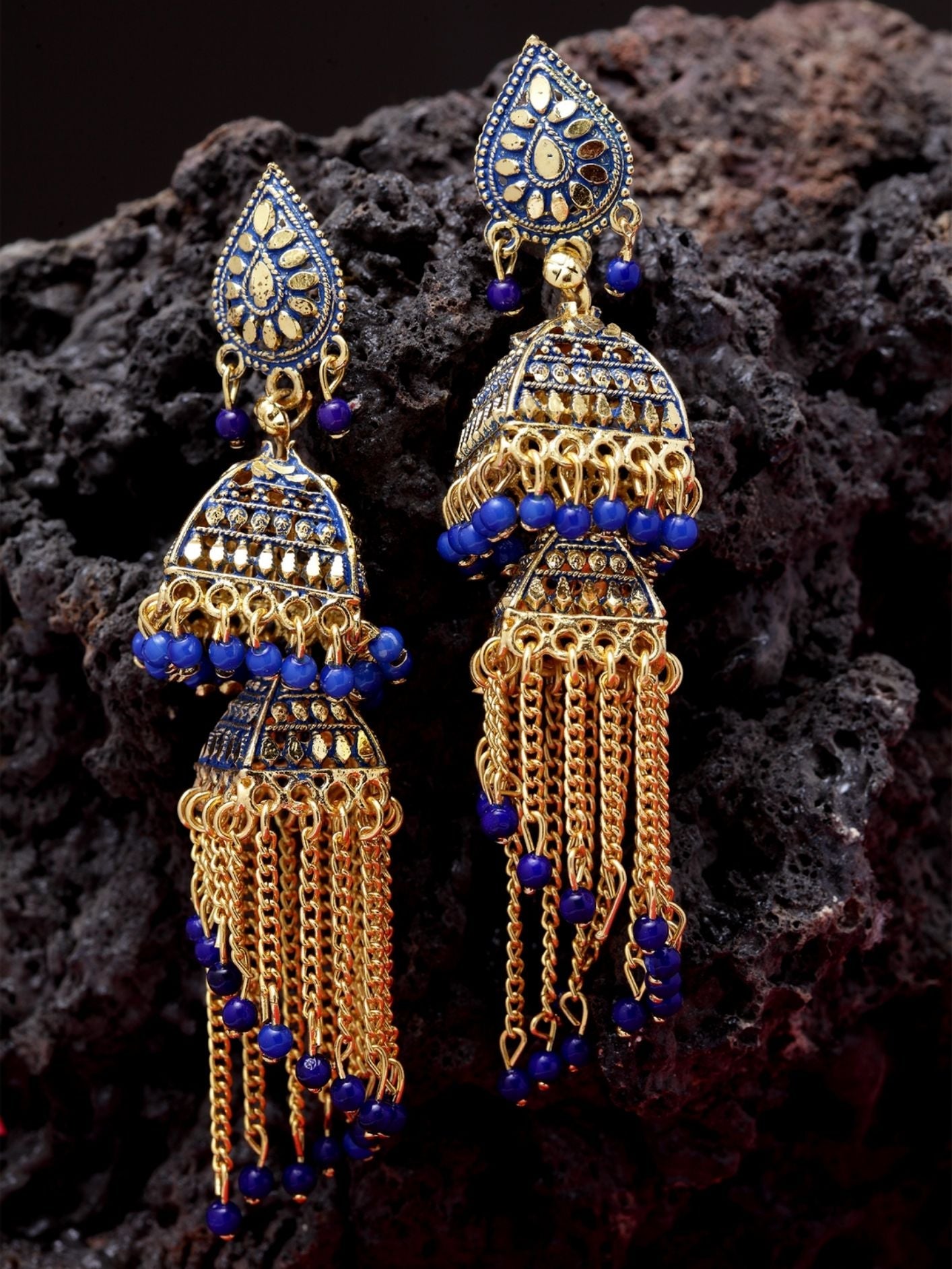 Women's Gold-Plated Enamelled 2 Floor Tasselled With Chain Strings Jhumki / Jhumka-Onesize-Blue
