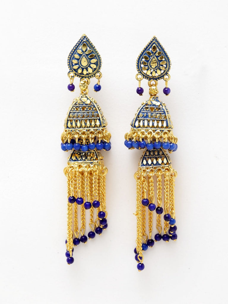 Women's Gold-Plated Enamelled 2 Floor Tasselled With Chain Strings Jhumki / Jhumka-Onesize-Blue