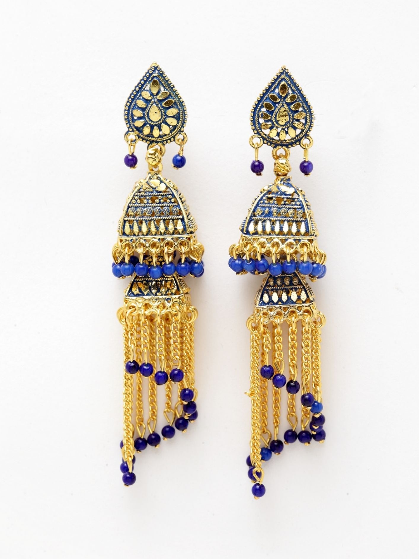 Women's Gold-Plated Enamelled 2 Floor Tasselled With Chain Strings Jhumki / Jhumka-Onesize-Blue