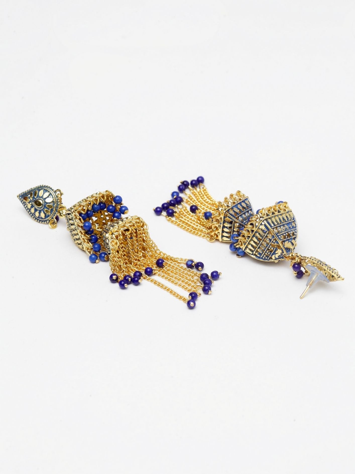 Women's Gold-Plated Enamelled 2 Floor Tasselled With Chain Strings Jhumki / Jhumka-Onesize-Blue