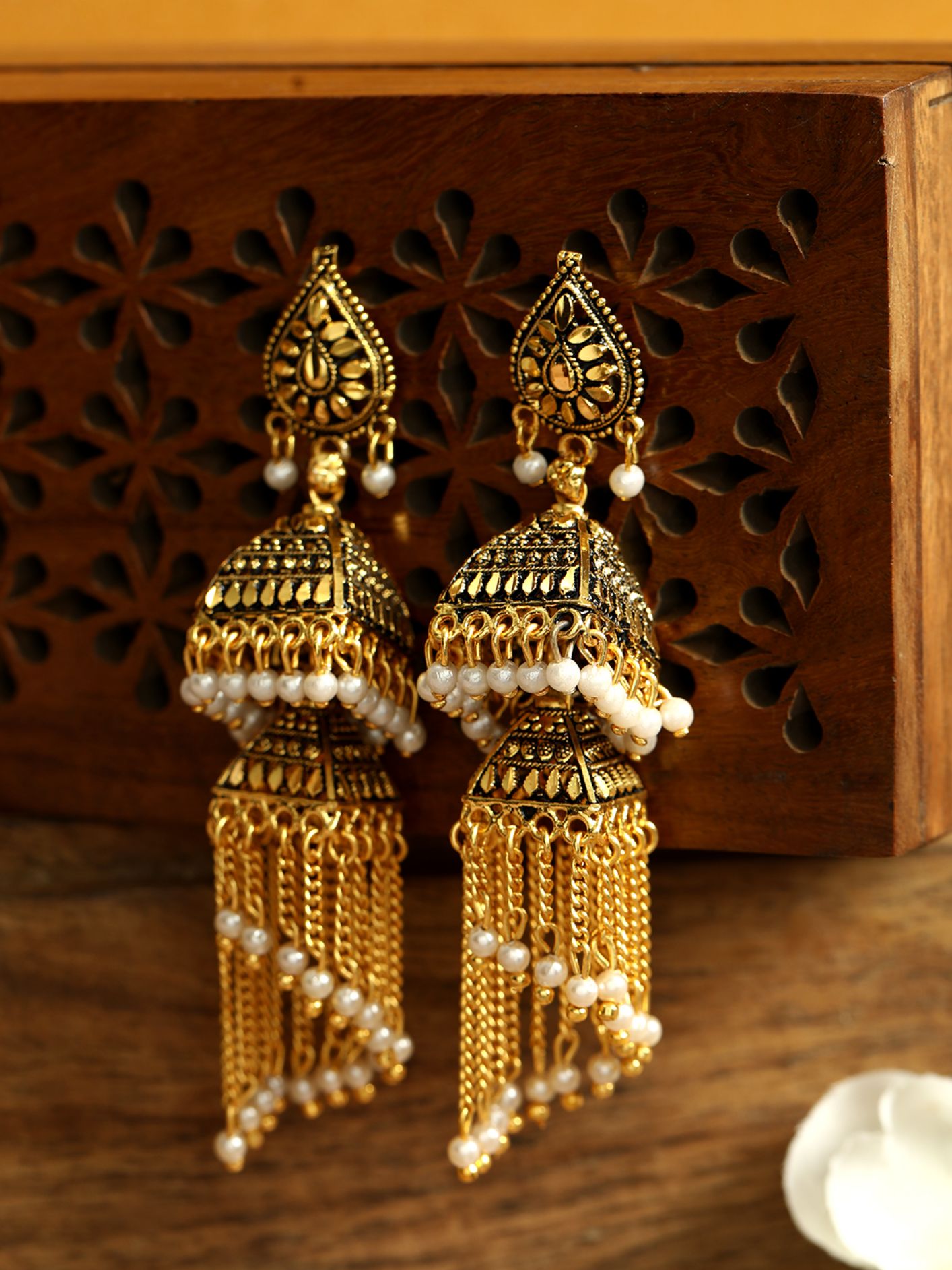 Women's Gold-Plated Enamelled 2 Floor Tasselled With Chain Strings Jhumki / Jhumka-Onesize-Gold