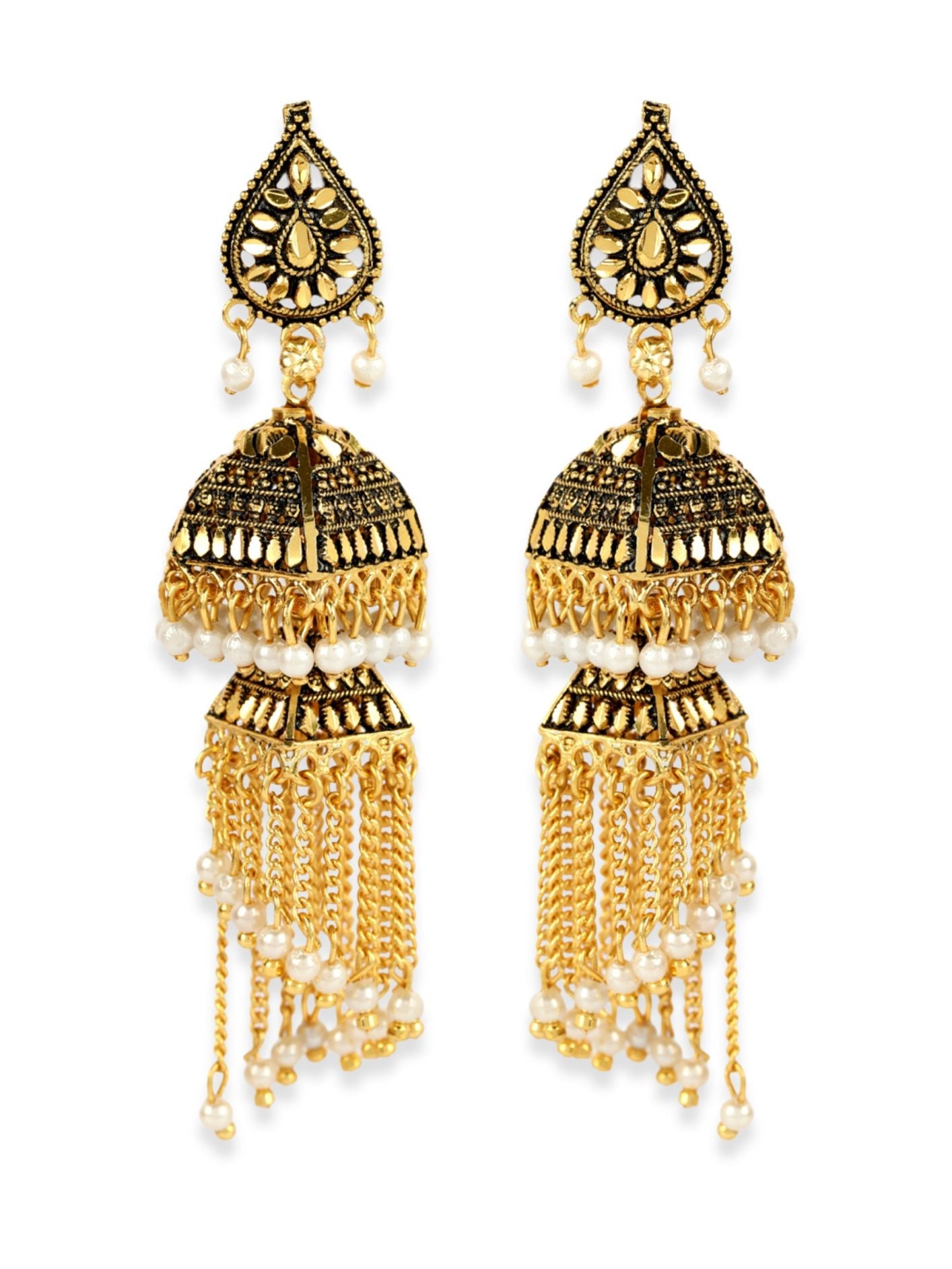 Women's Gold-Plated Enamelled 2 Floor Tasselled With Chain Strings Jhumki / Jhumka-Onesize-Gold