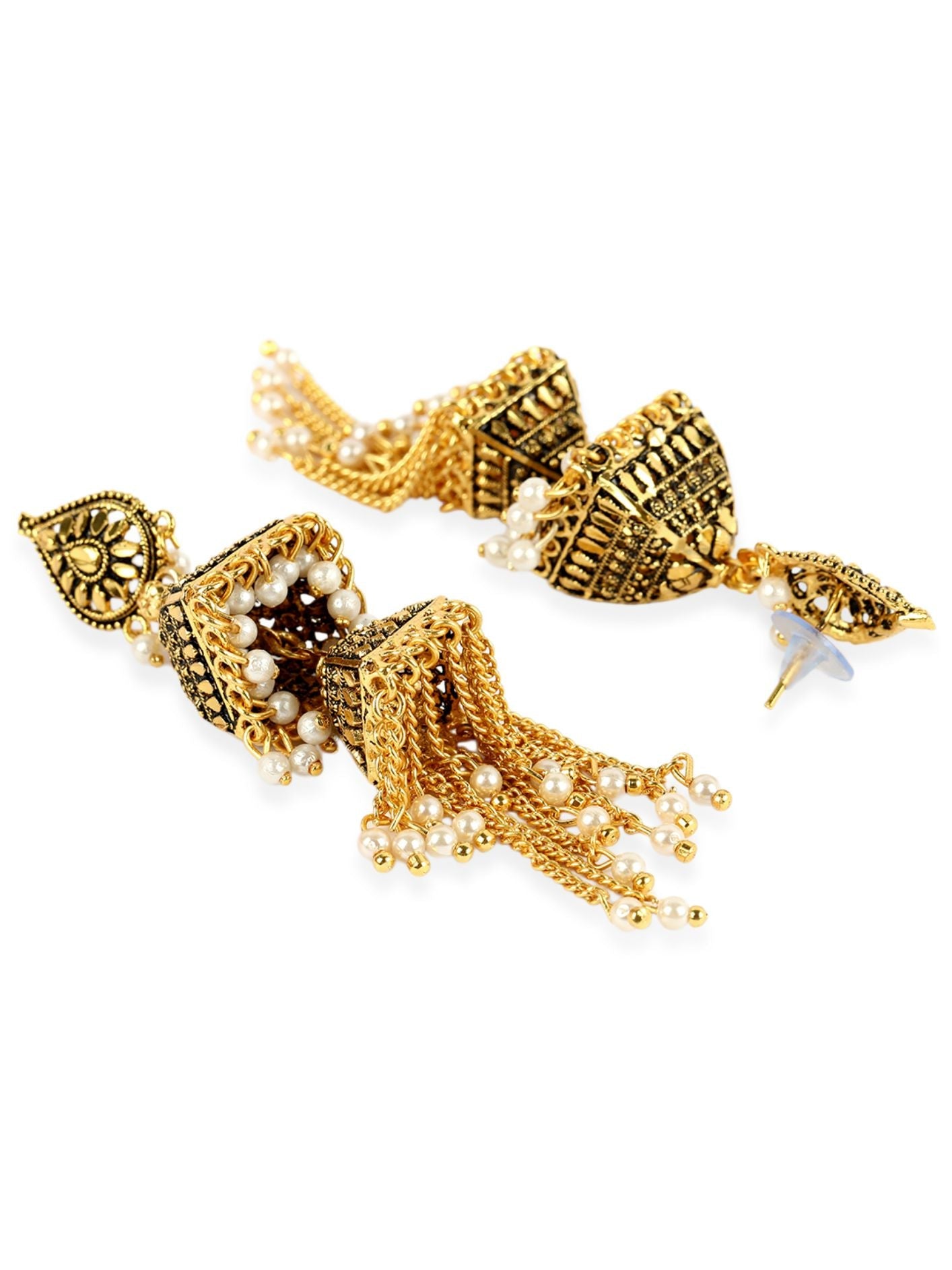 Women's Gold-Plated Enamelled 2 Floor Tasselled With Chain Strings Jhumki / Jhumka-Onesize-Gold