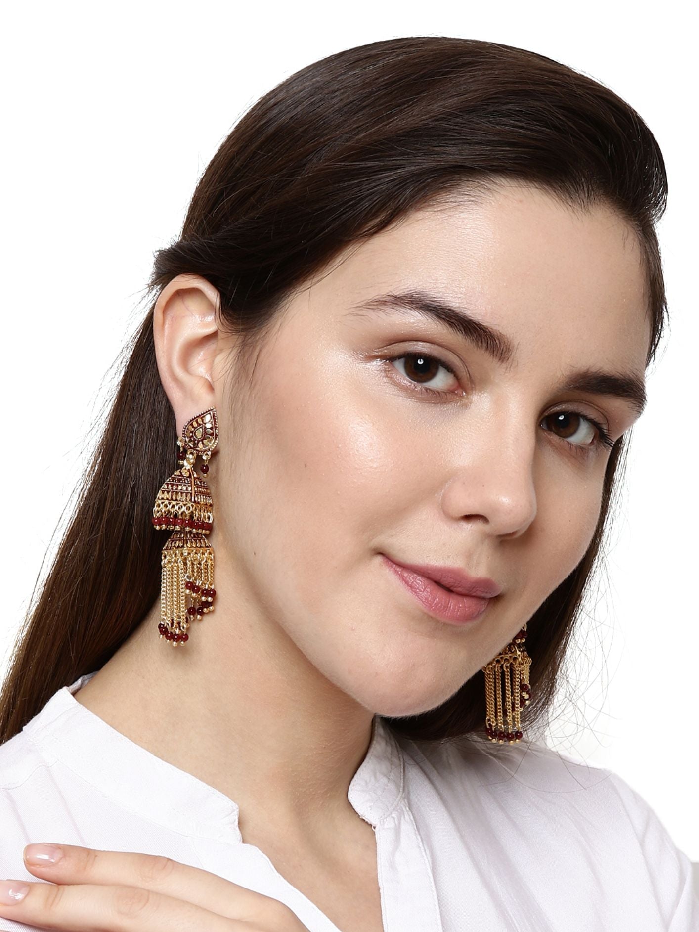 Women's Maroon & Gold-Plated Enamelled Dome Shaped Jhumkas