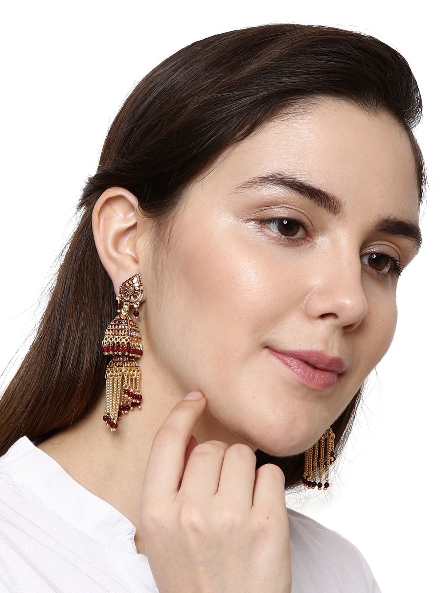 Women's Maroon & Gold-Plated Enamelled Dome Shaped Jhumkas