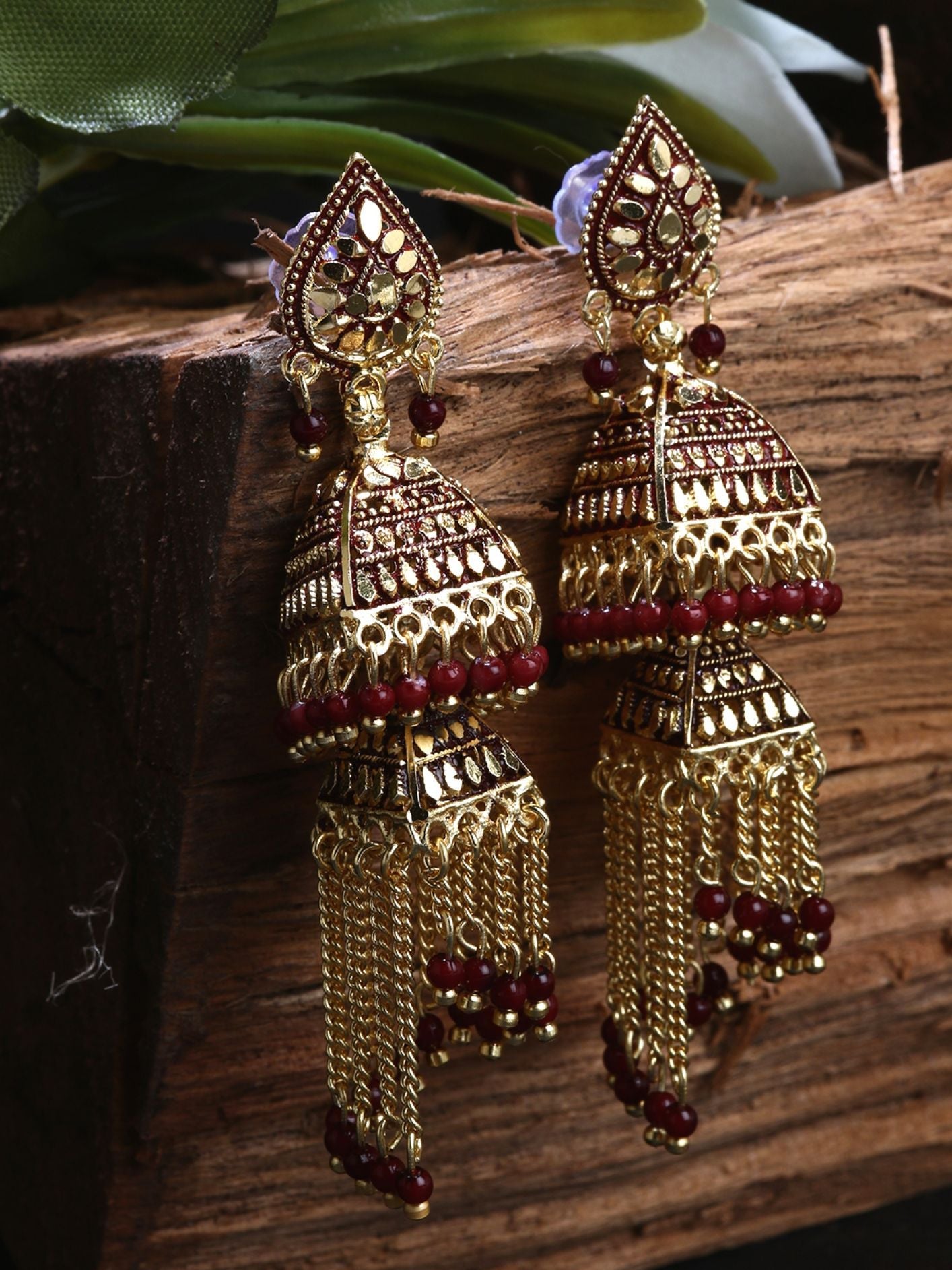 Women's Maroon & Gold-Plated Enamelled Dome Shaped Jhumkas