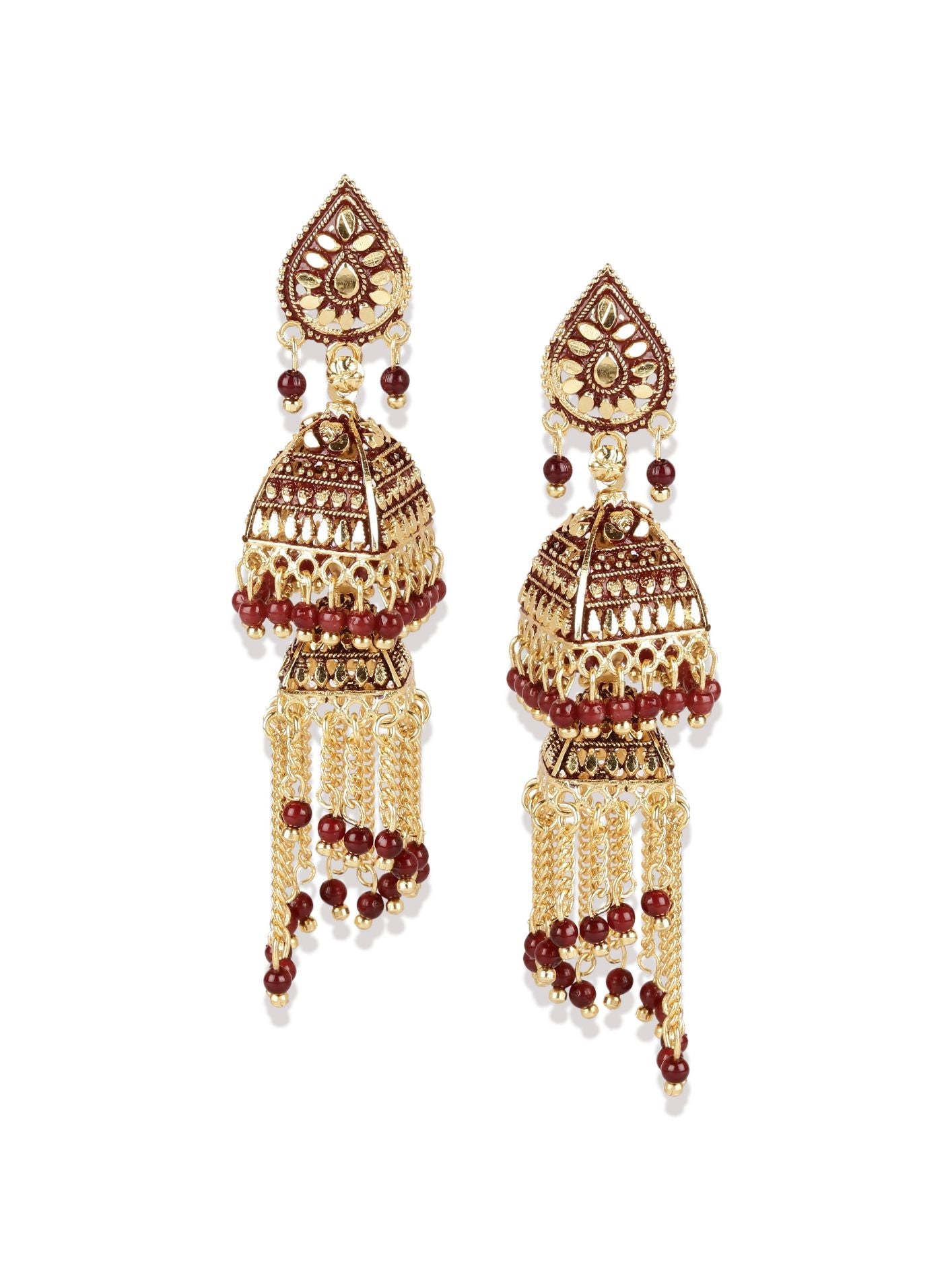 Women's Maroon & Gold-Plated Enamelled Dome Shaped Jhumkas