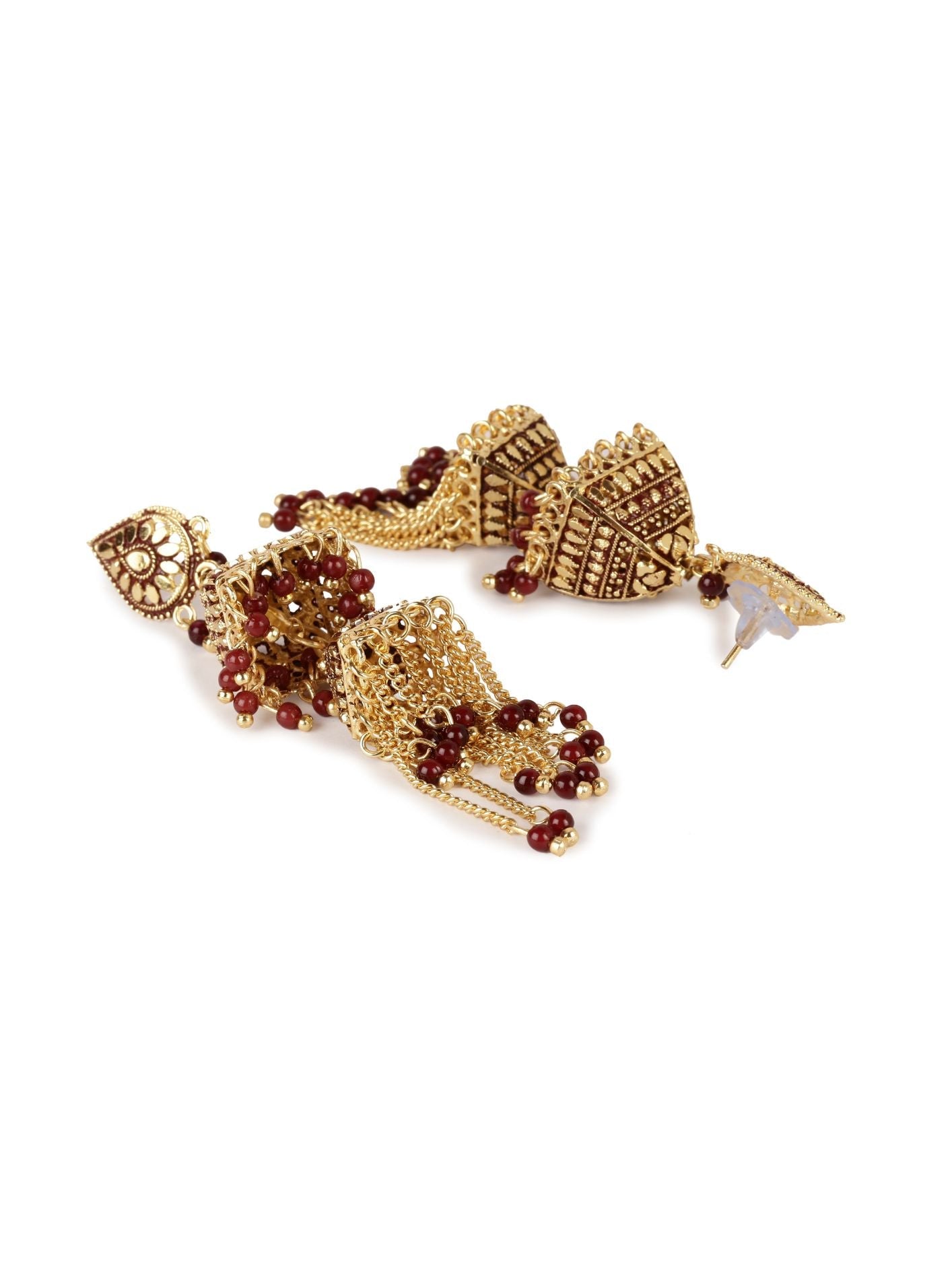 Women's Maroon & Gold-Plated Enamelled Dome Shaped Jhumkas