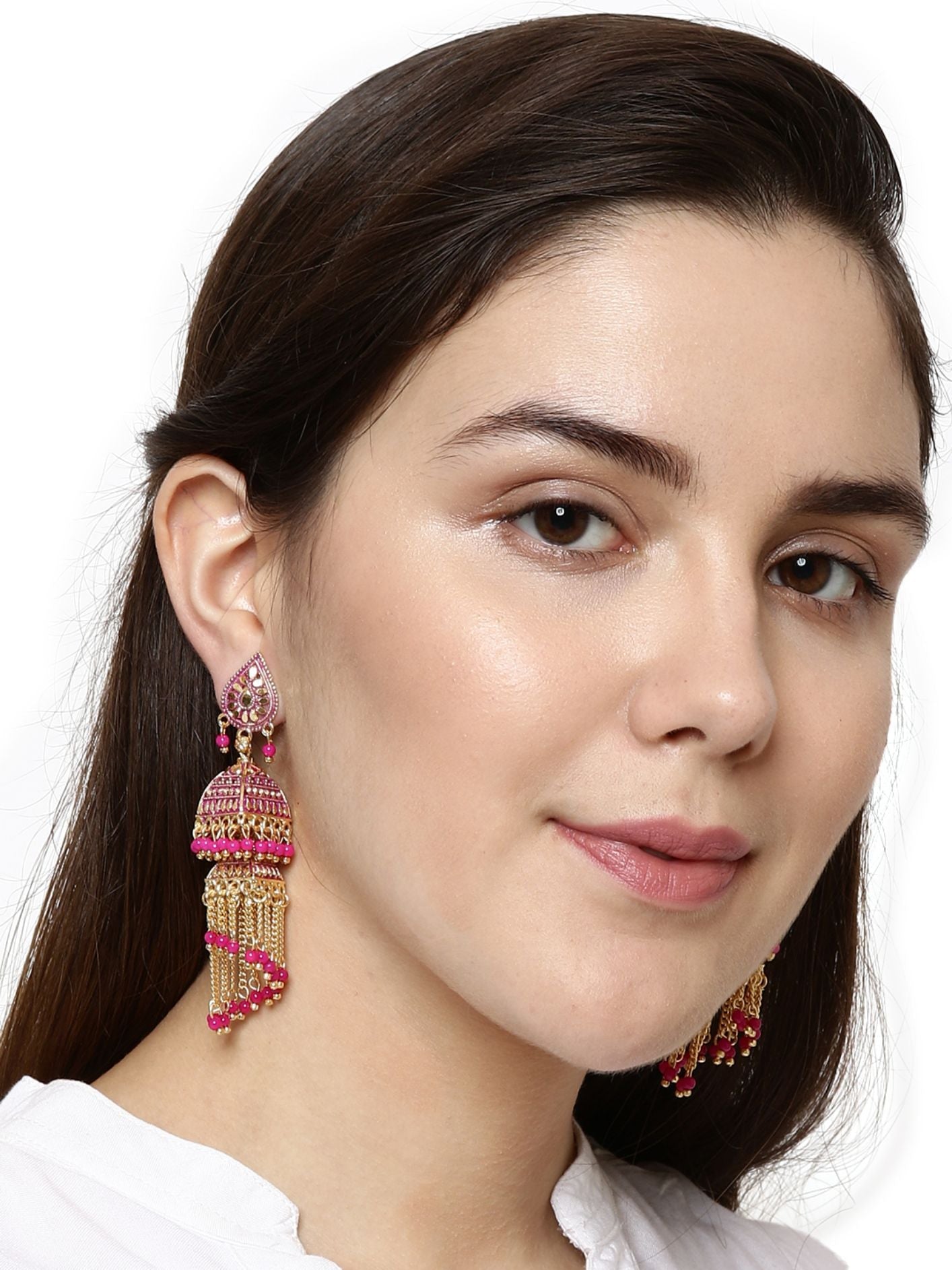 Women's Pink & Gold-Plated Enamelled Dome Shaped Jhumkas