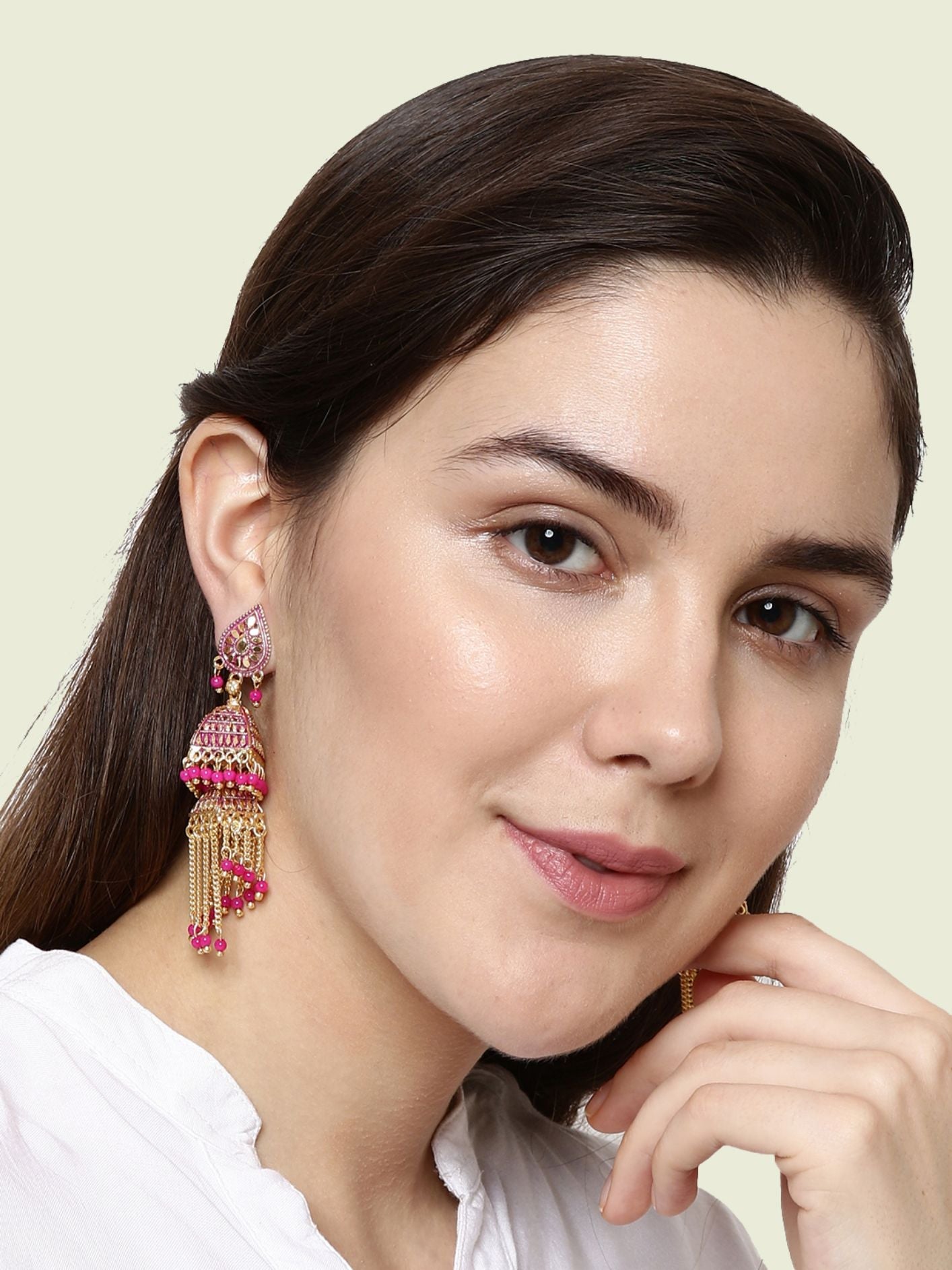 Women's Pink & Gold-Plated Enamelled Dome Shaped Jhumkas