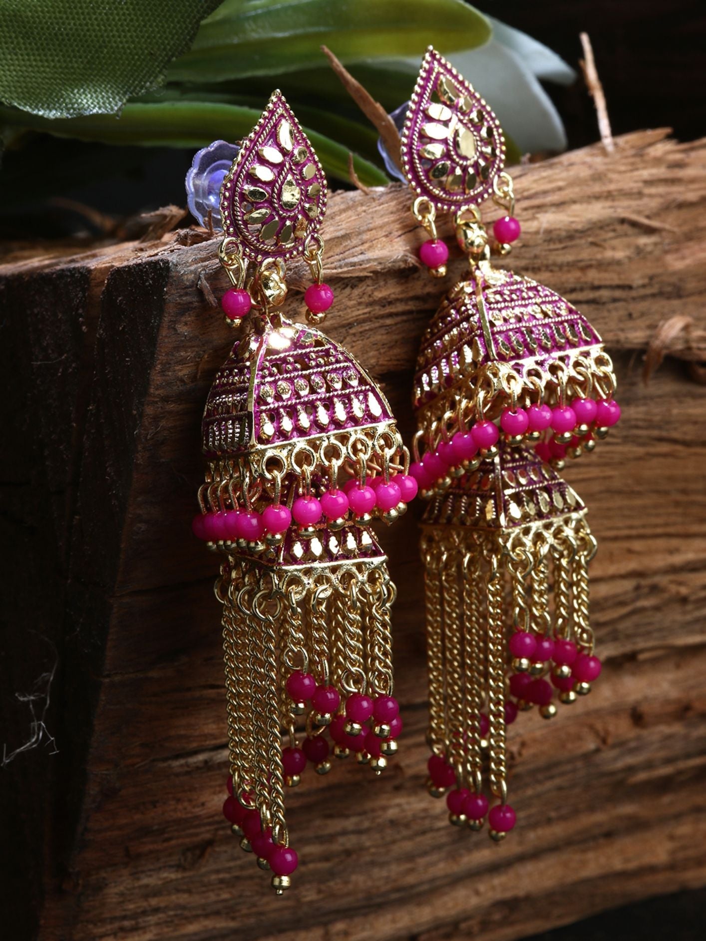 Women's Pink & Gold-Plated Enamelled Dome Shaped Jhumkas