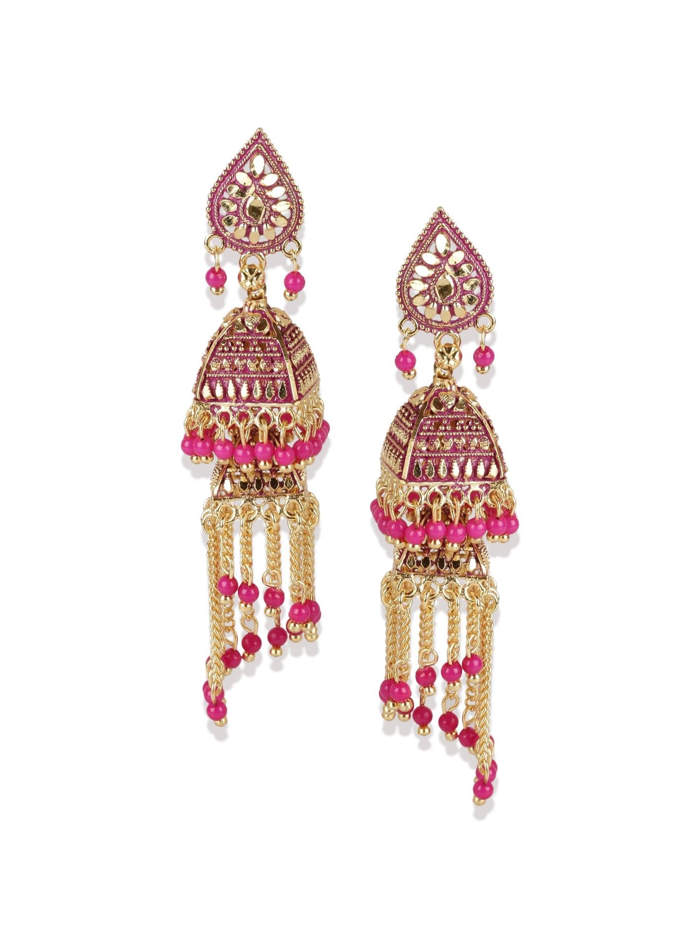 Women's Pink & Gold-Plated Enamelled Dome Shaped Jhumkas