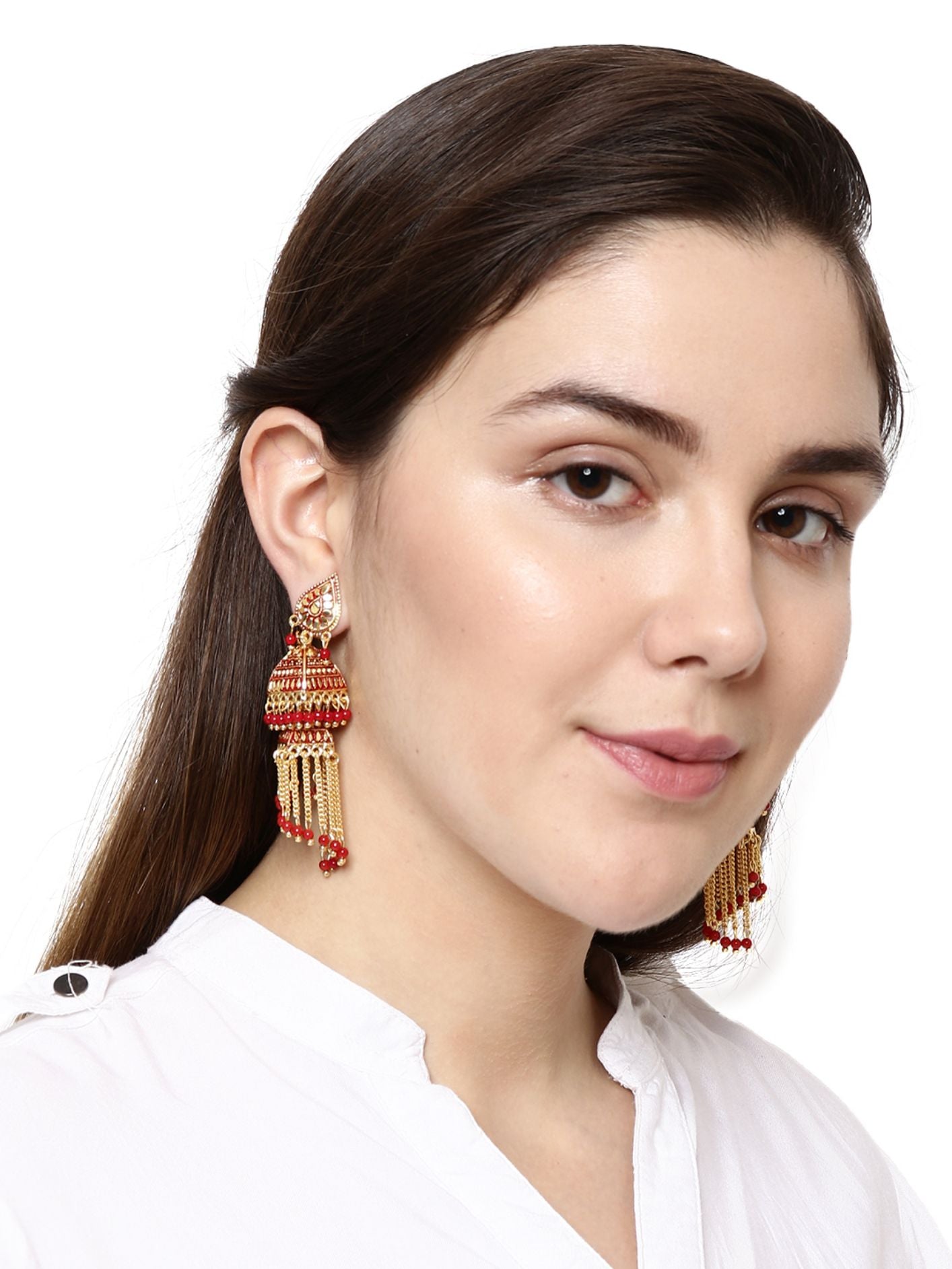 Women's Red & Gold-Plated Enamelled Dome Shaped Jhumkas