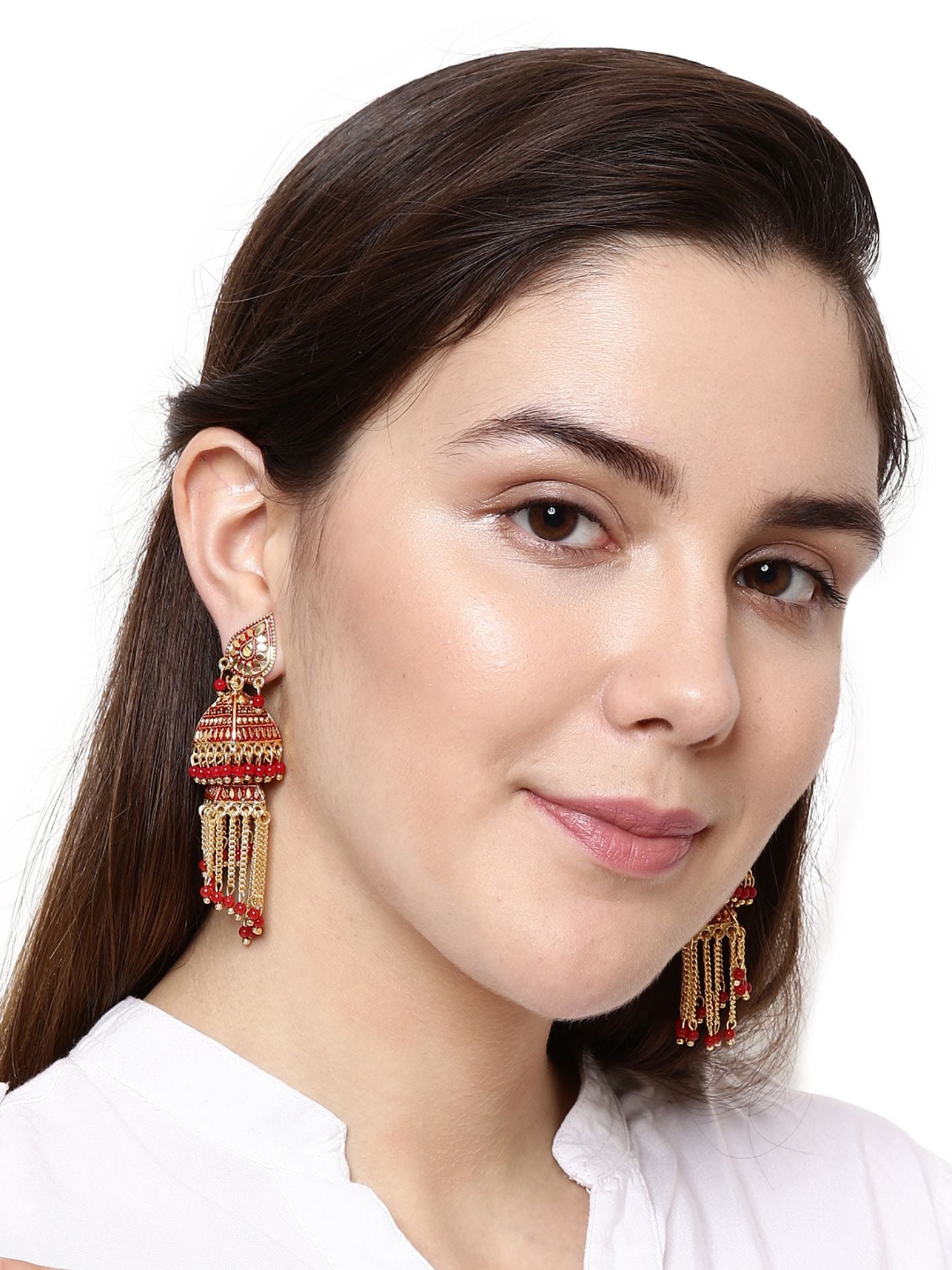 Women's Red & Gold-Plated Enamelled Dome Shaped Jhumkas