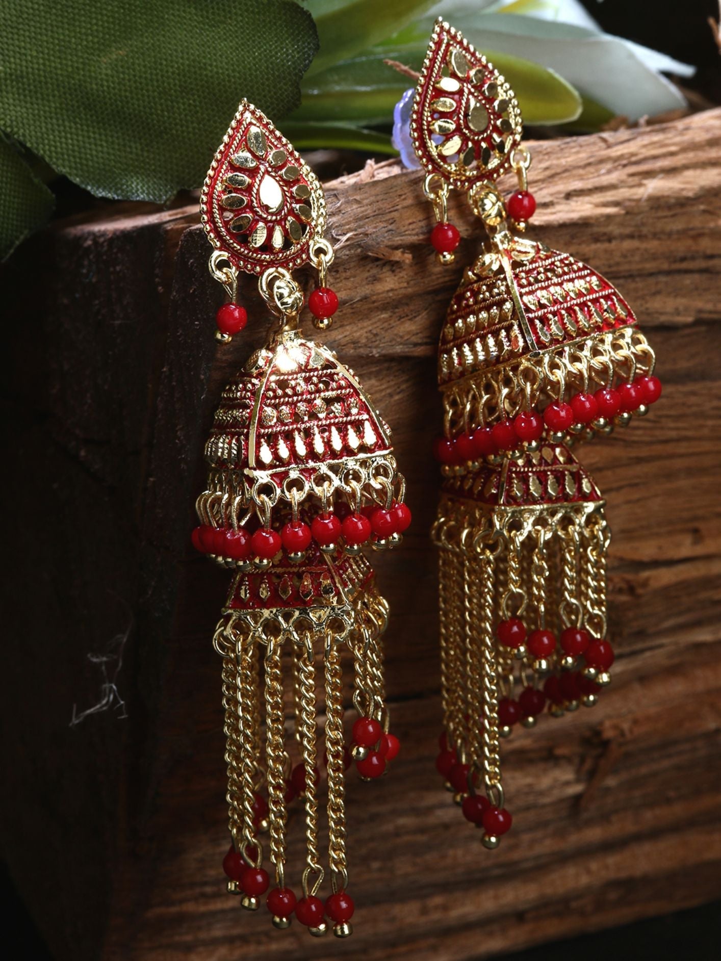 Women's Red & Gold-Plated Enamelled Dome Shaped Jhumkas