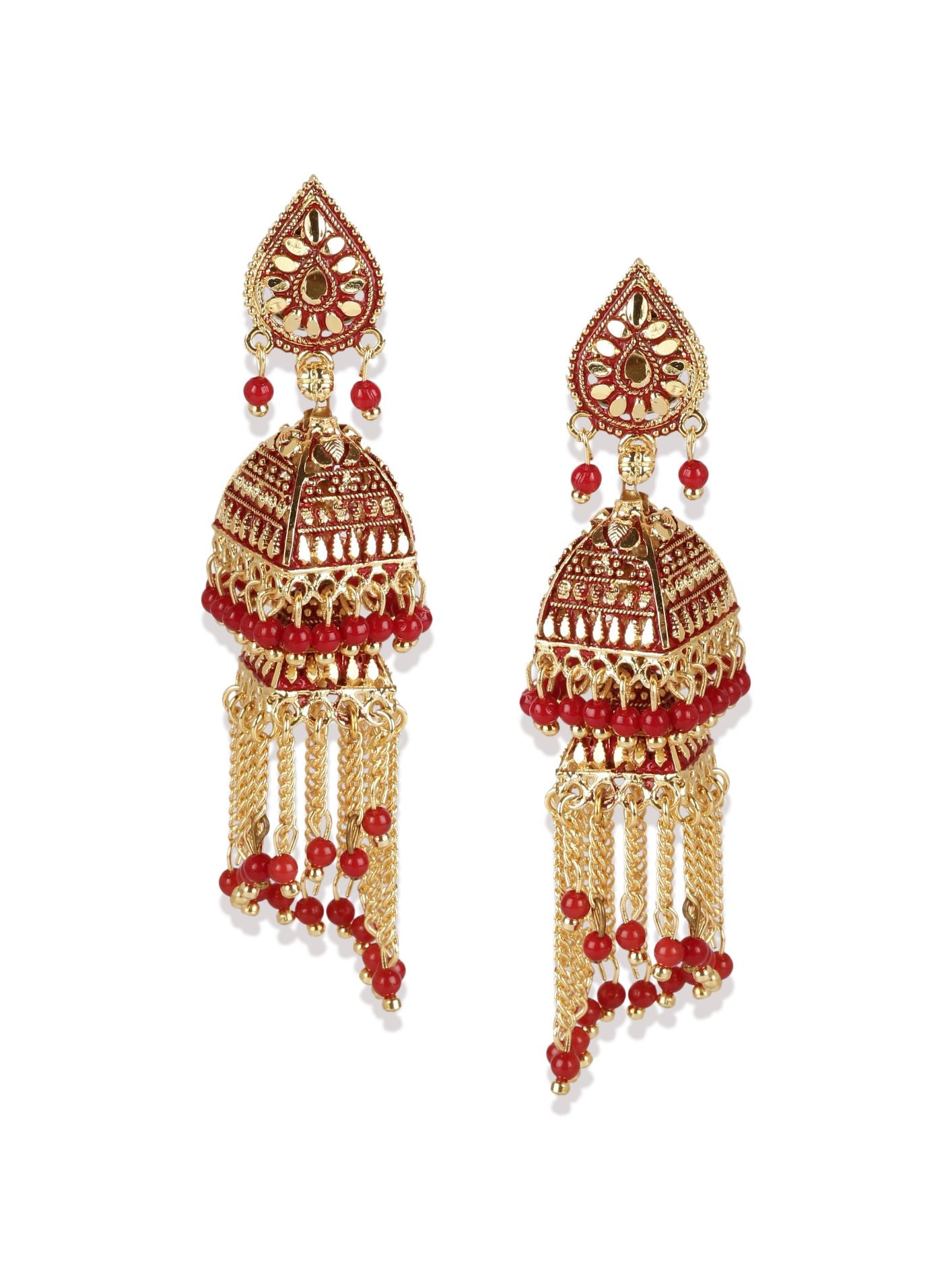Women's Red & Gold-Plated Enamelled Dome Shaped Jhumkas - Anikas Creation