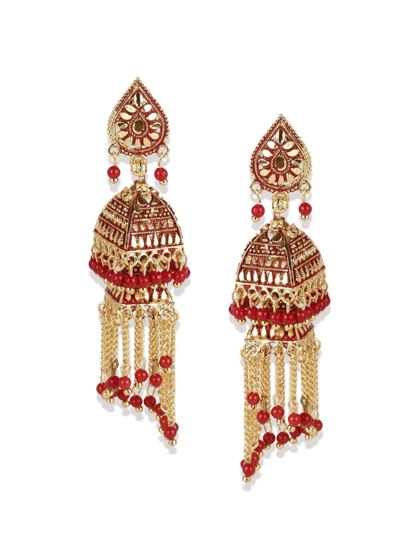 Women's Red & Gold-Plated Enamelled Dome Shaped Jhumkas