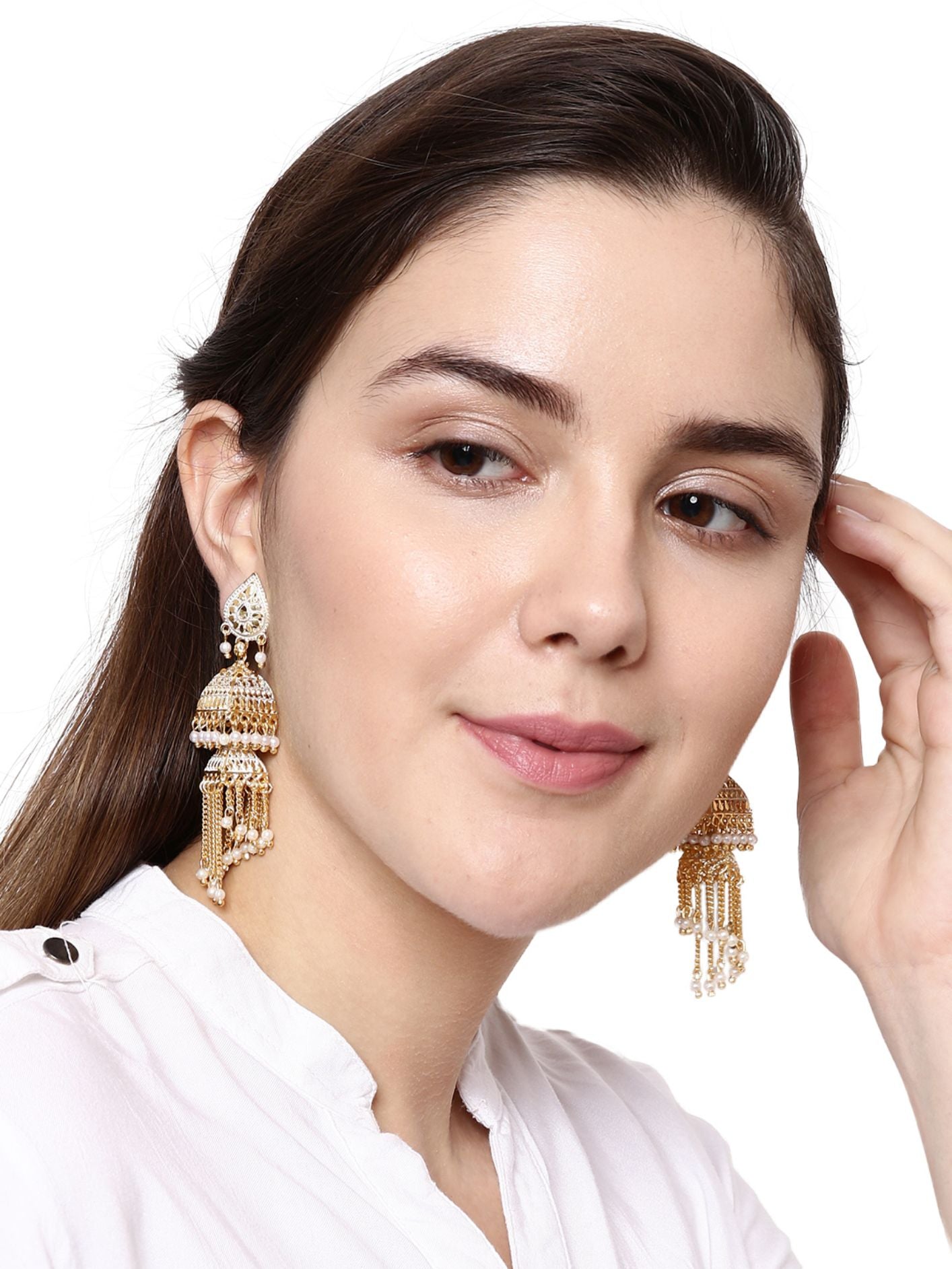 Women's White & Gold-Plated Enamelled Dome Shaped Jhumkas