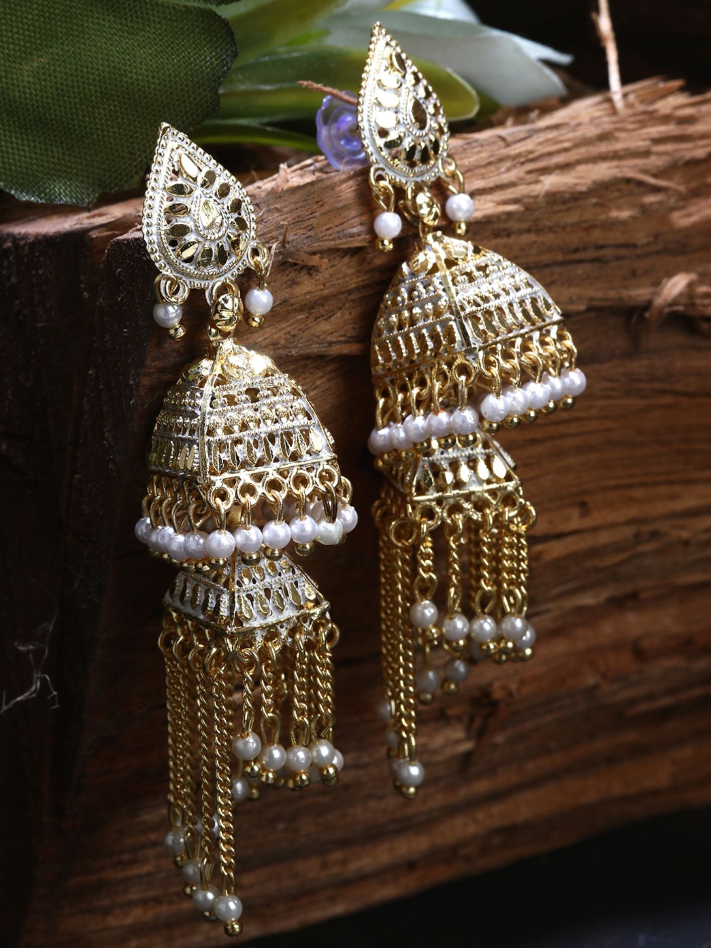 Women's White & Gold-Plated Enamelled Dome Shaped Jhumkas
