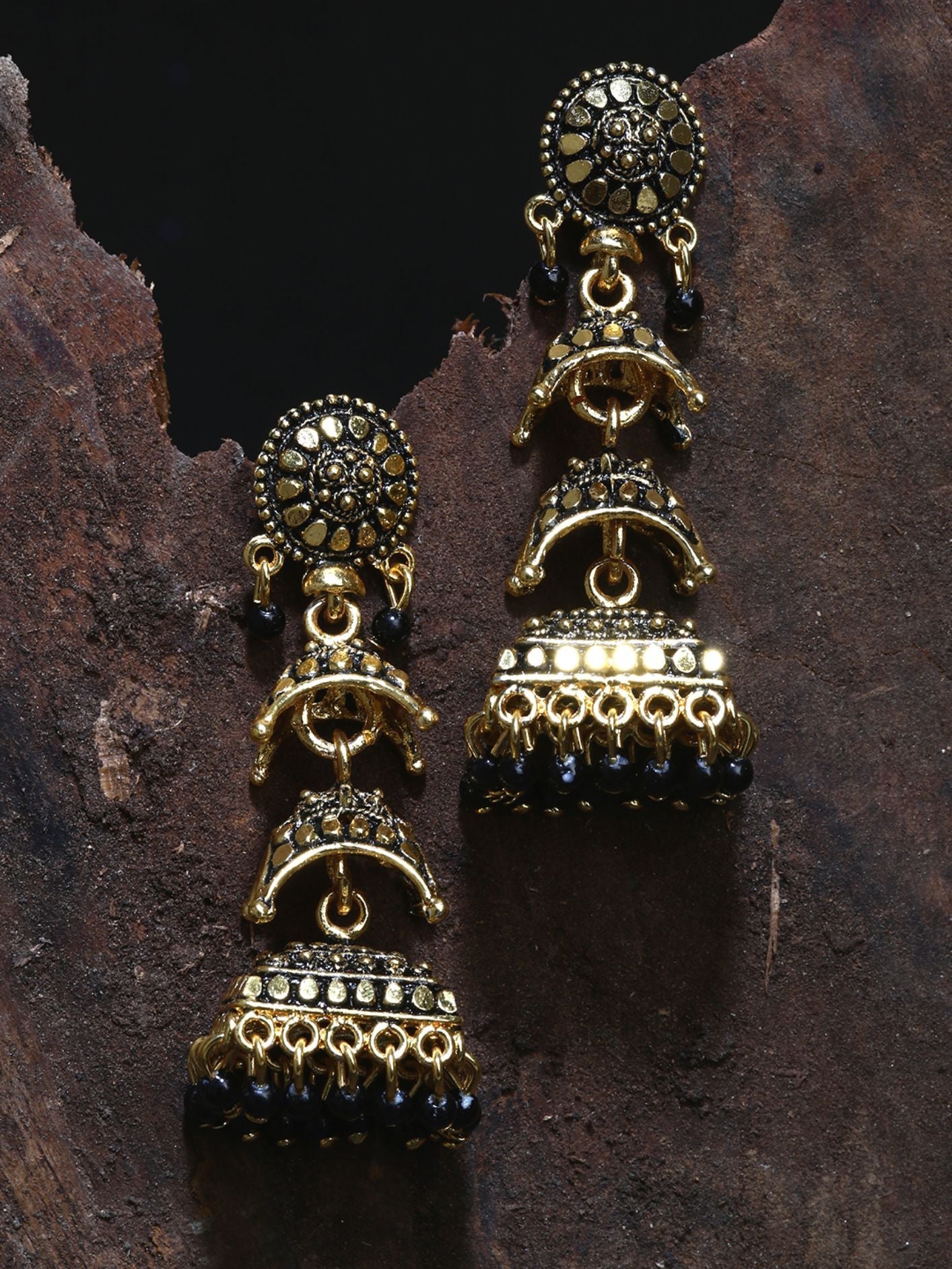 Women's Gold-Toned & Black Dome Shaped Jhumkas